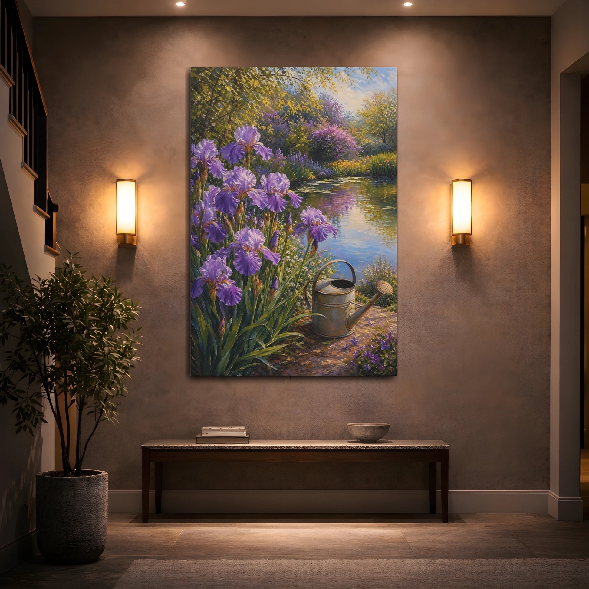 Mockup 2. Floral Irises Purple Garden Pond shown as stretched canvas wall art