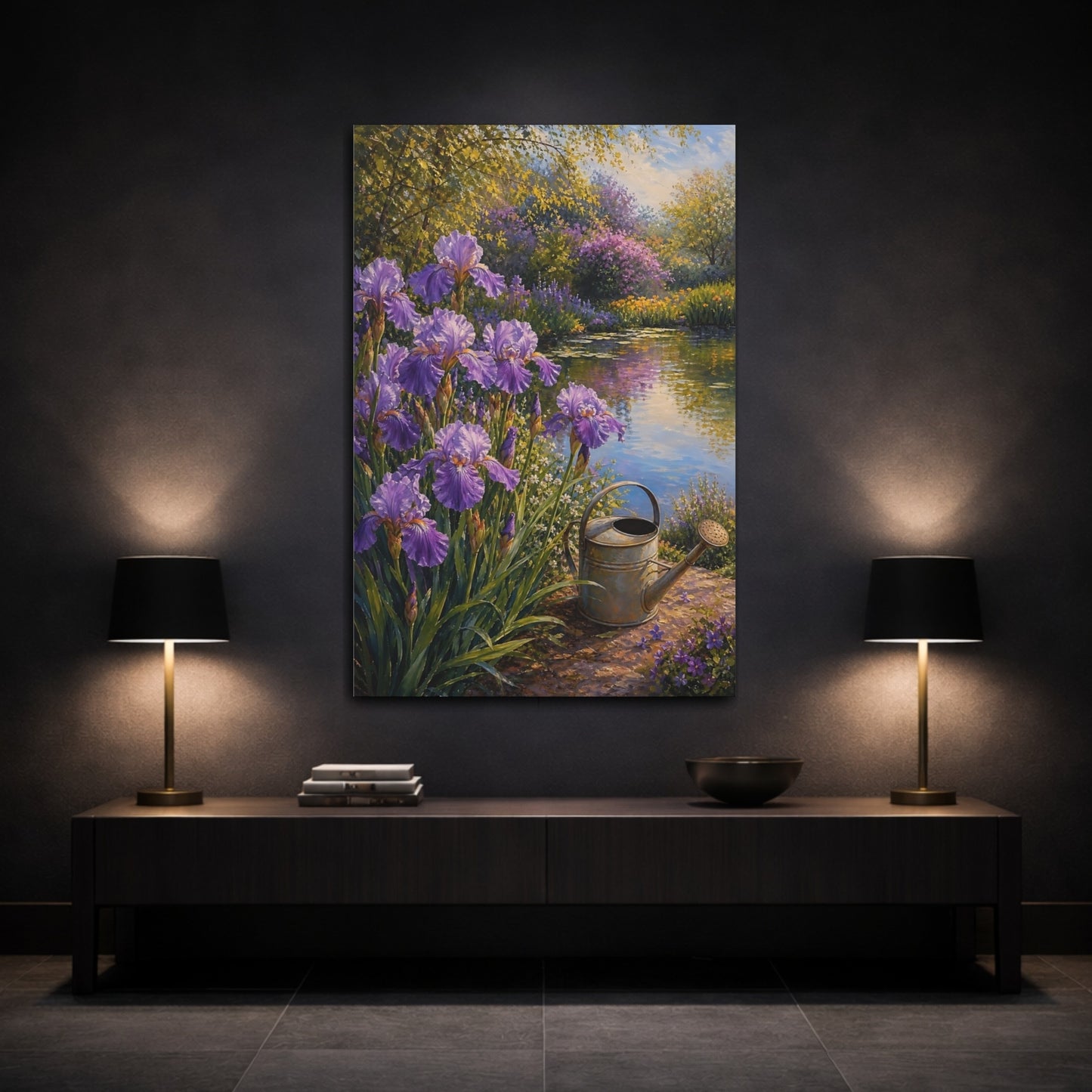 Mockup 3. Floral Irises Purple Garden Pond shown as stretched canvas wall art