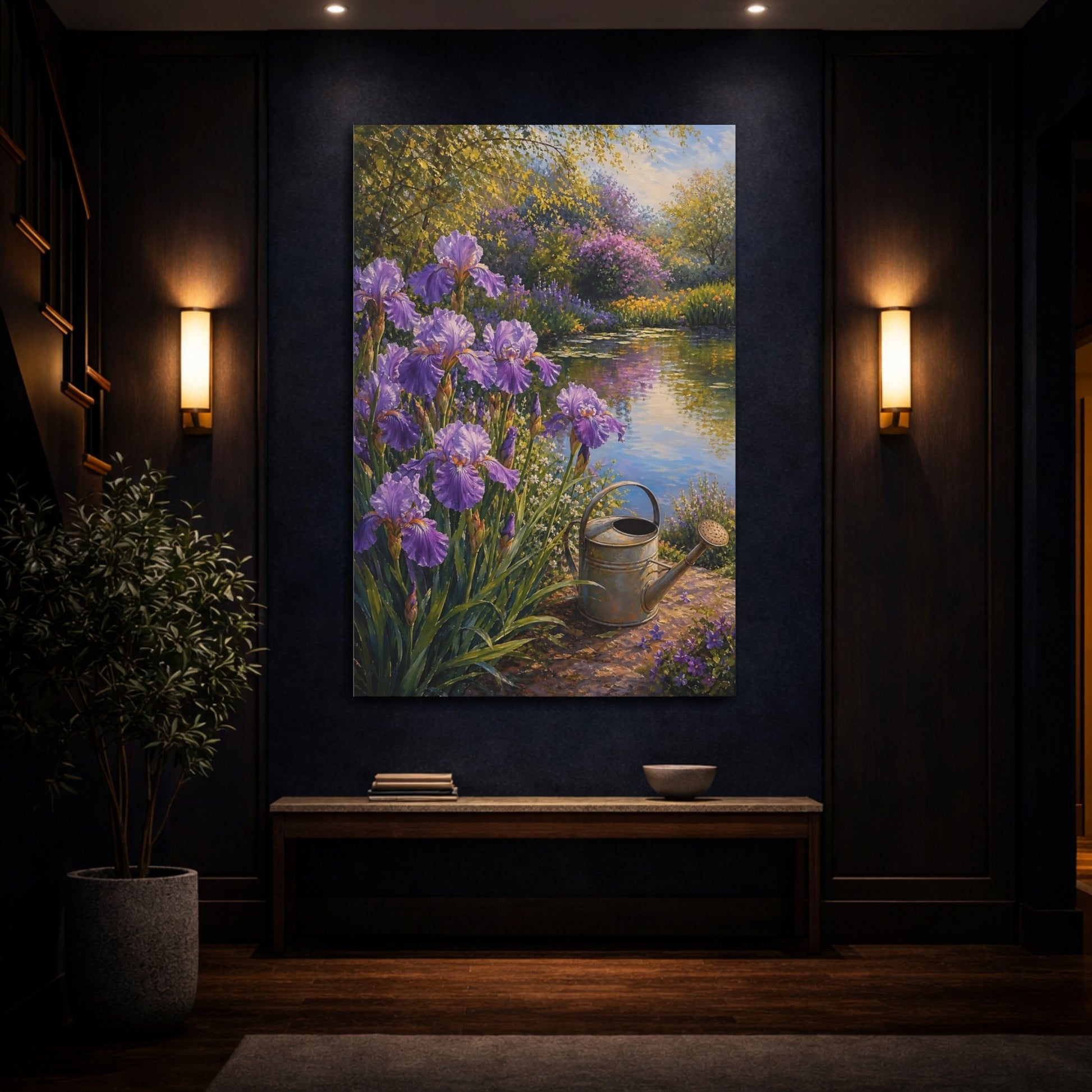 Mockup 4. Floral Irises Purple Garden Pond shown as stretched canvas wall art