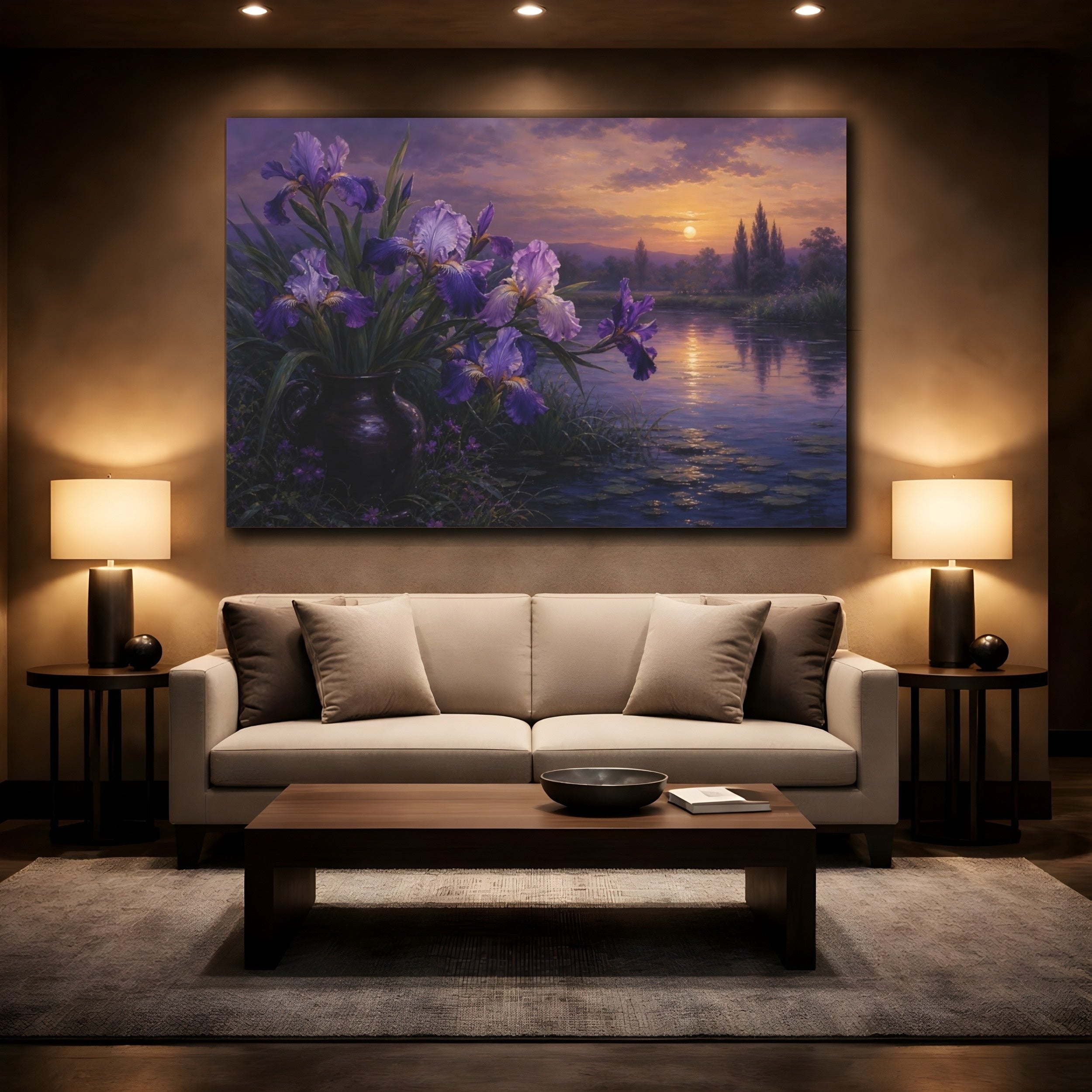 Mockup 2. Floral Irises Purple Irises shown as stretched canvas wall art