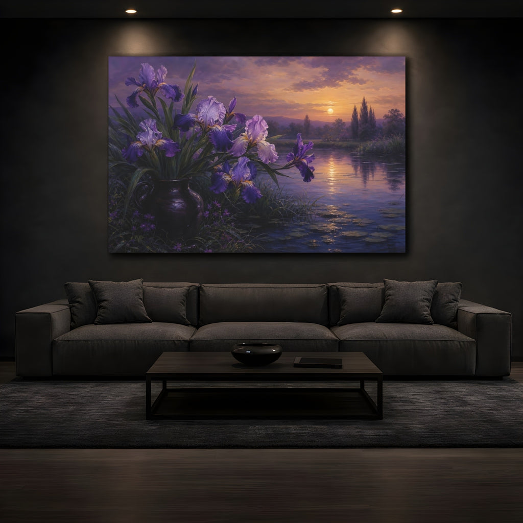 Mockup 3. Floral Irises Purple Irises shown as stretched canvas wall art
