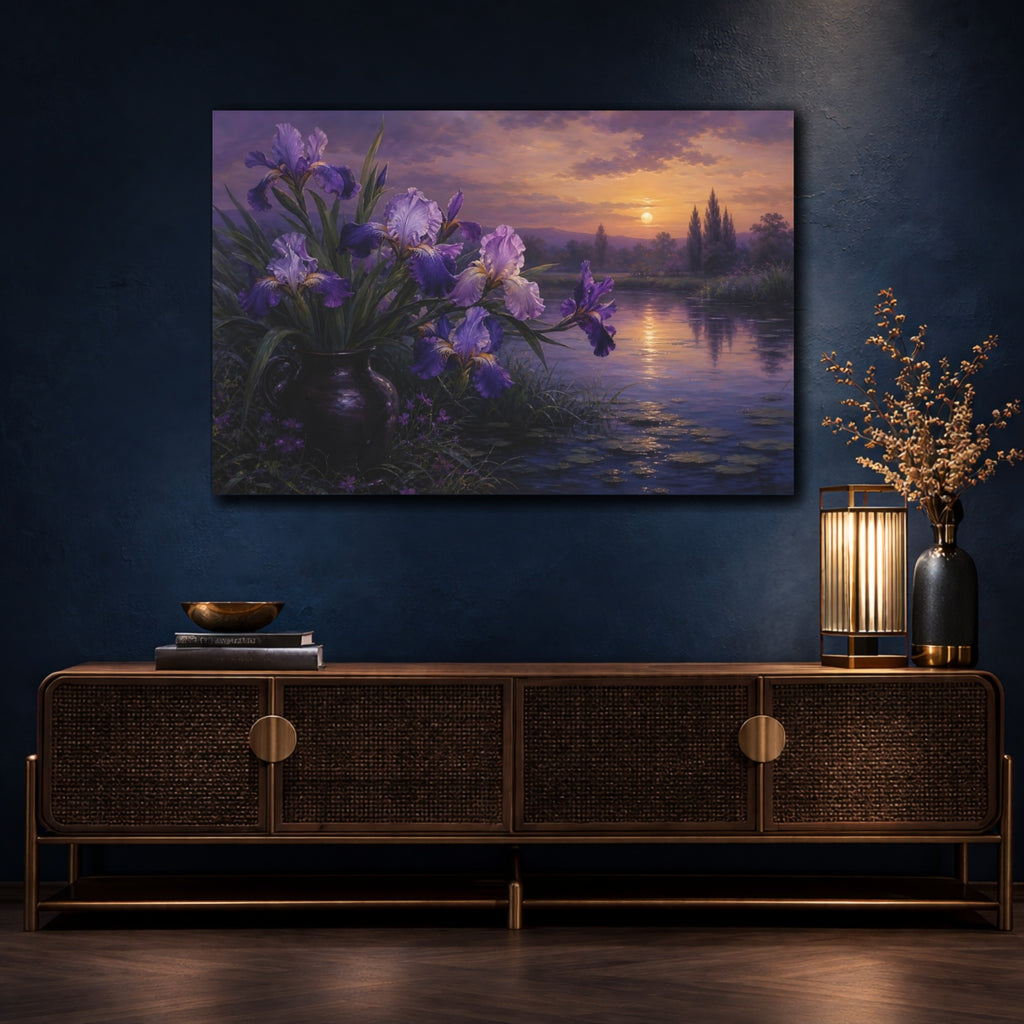 Mockup 4. Floral Irises Purple Irises shown as stretched canvas wall art