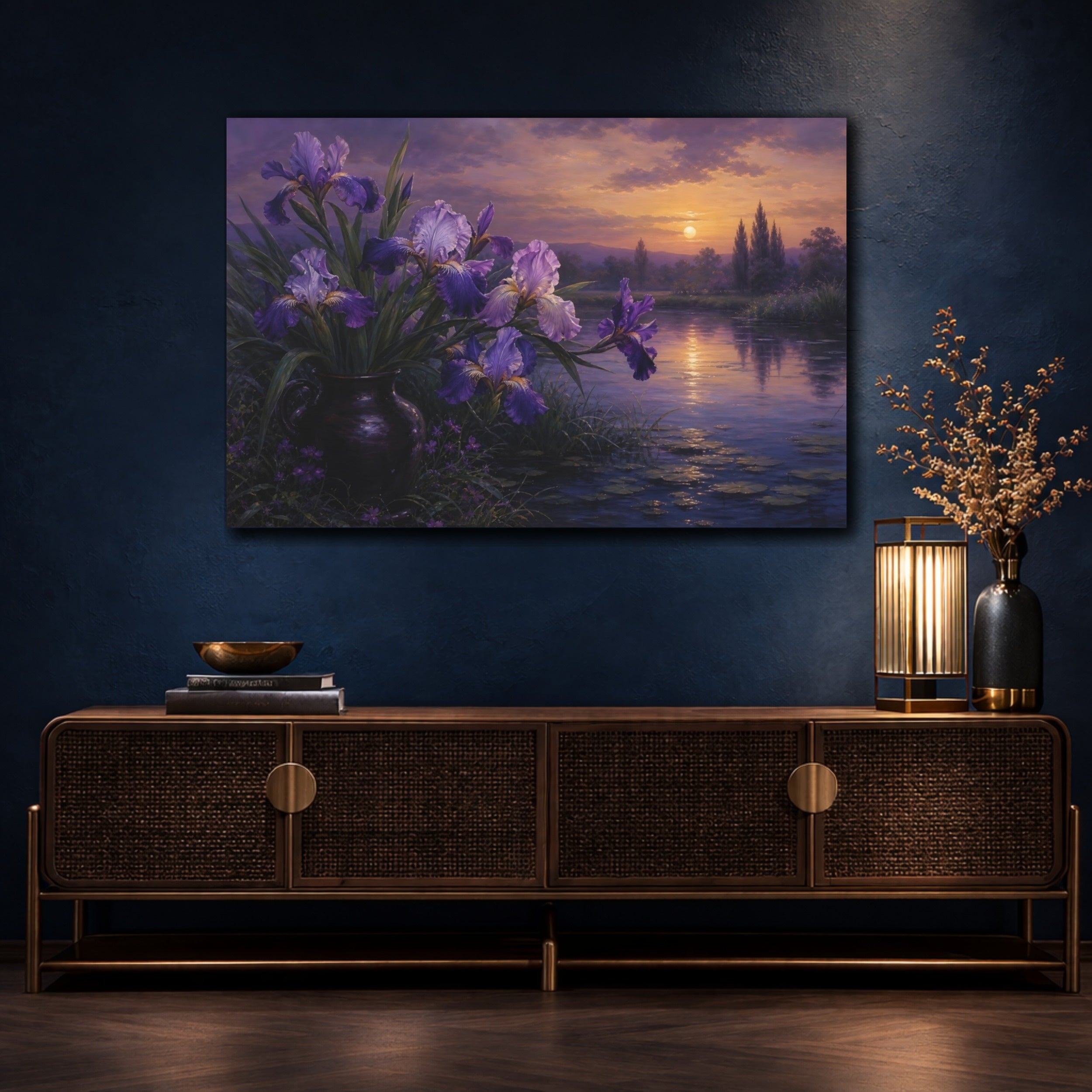 Mockup 4. Floral Irises Purple Irises shown as stretched canvas wall art