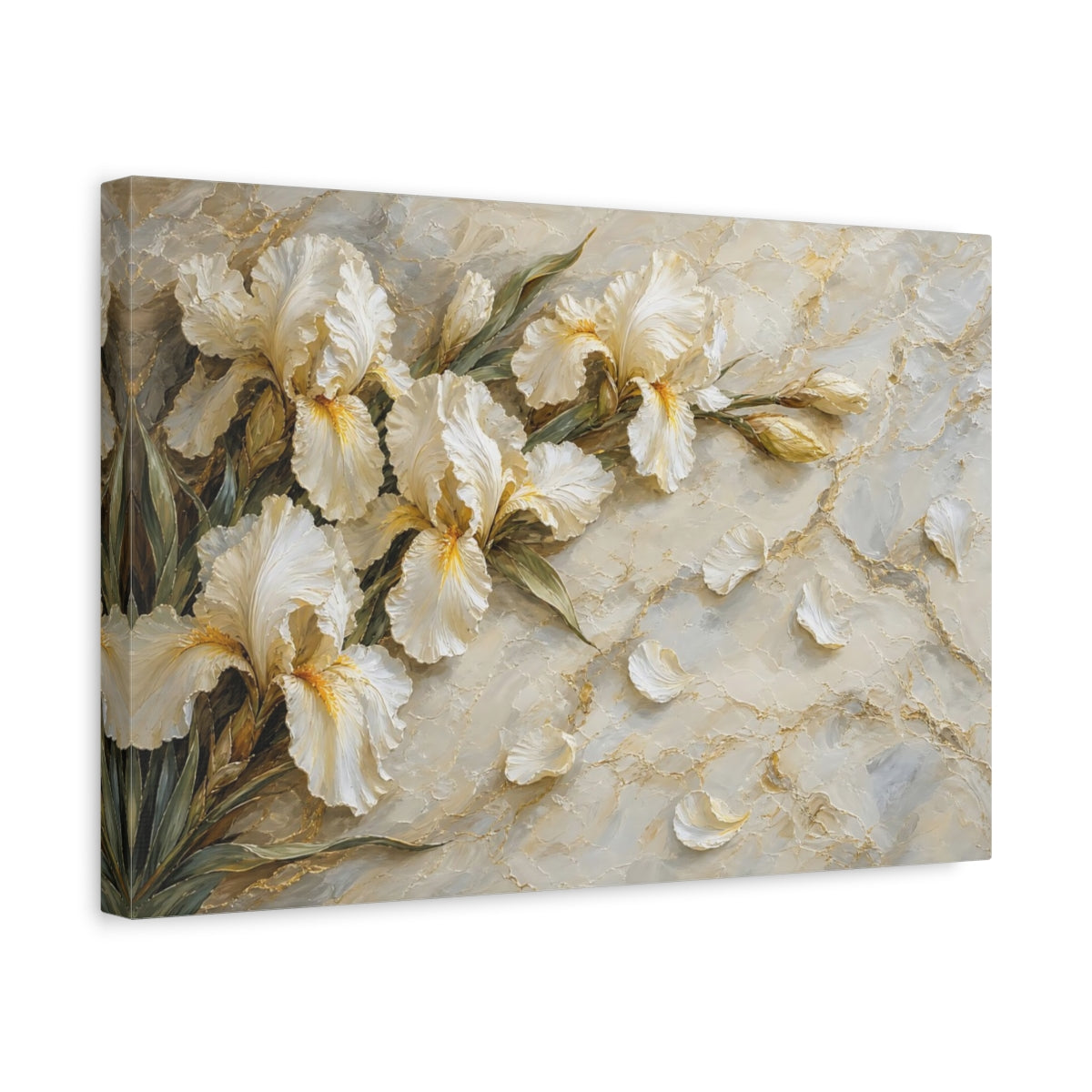 Side Mockup 4. Floral Irises White And Gold Floral shown as stretched canvas wall art