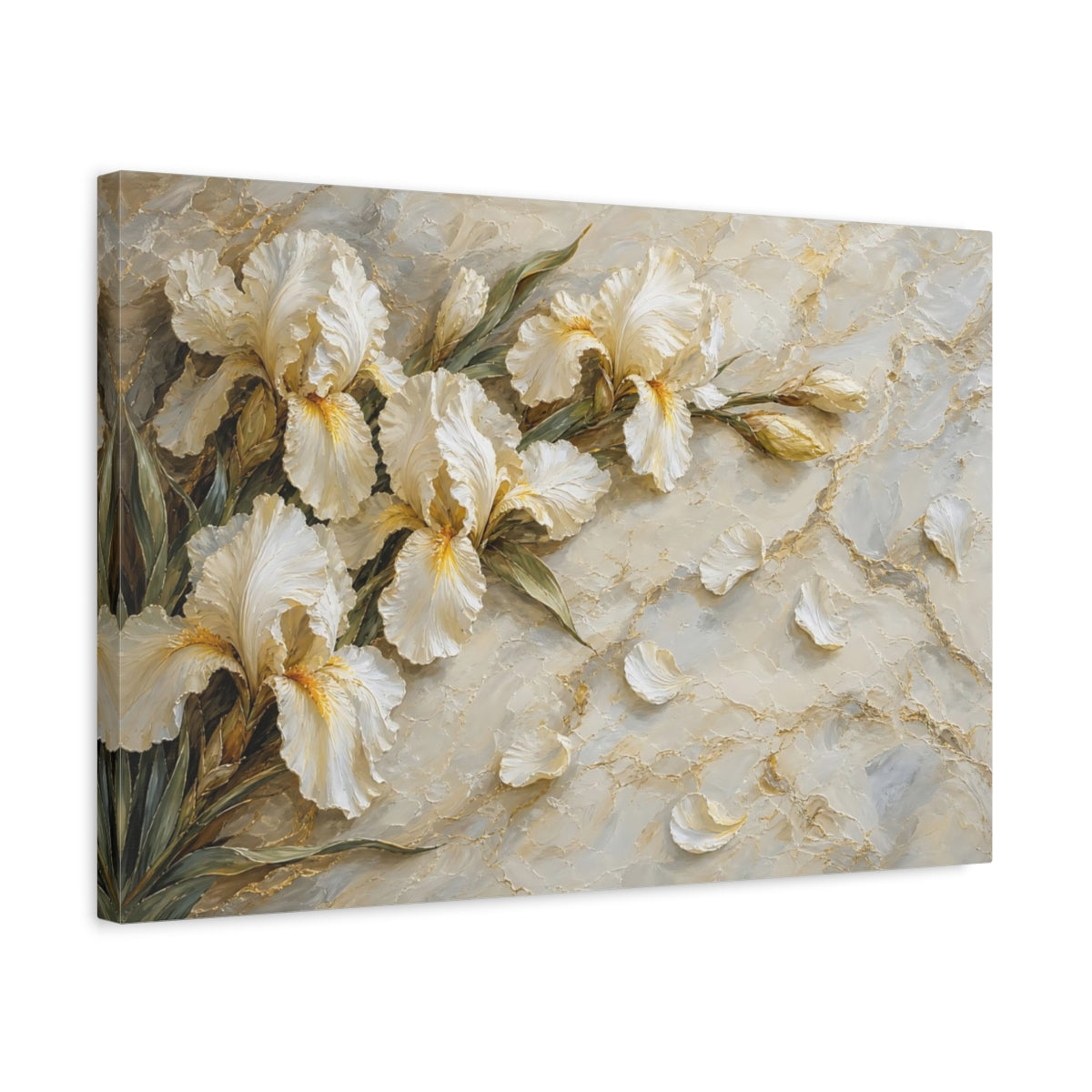 Side Mockup 3. Floral Irises White And Gold Floral shown as stretched canvas wall art