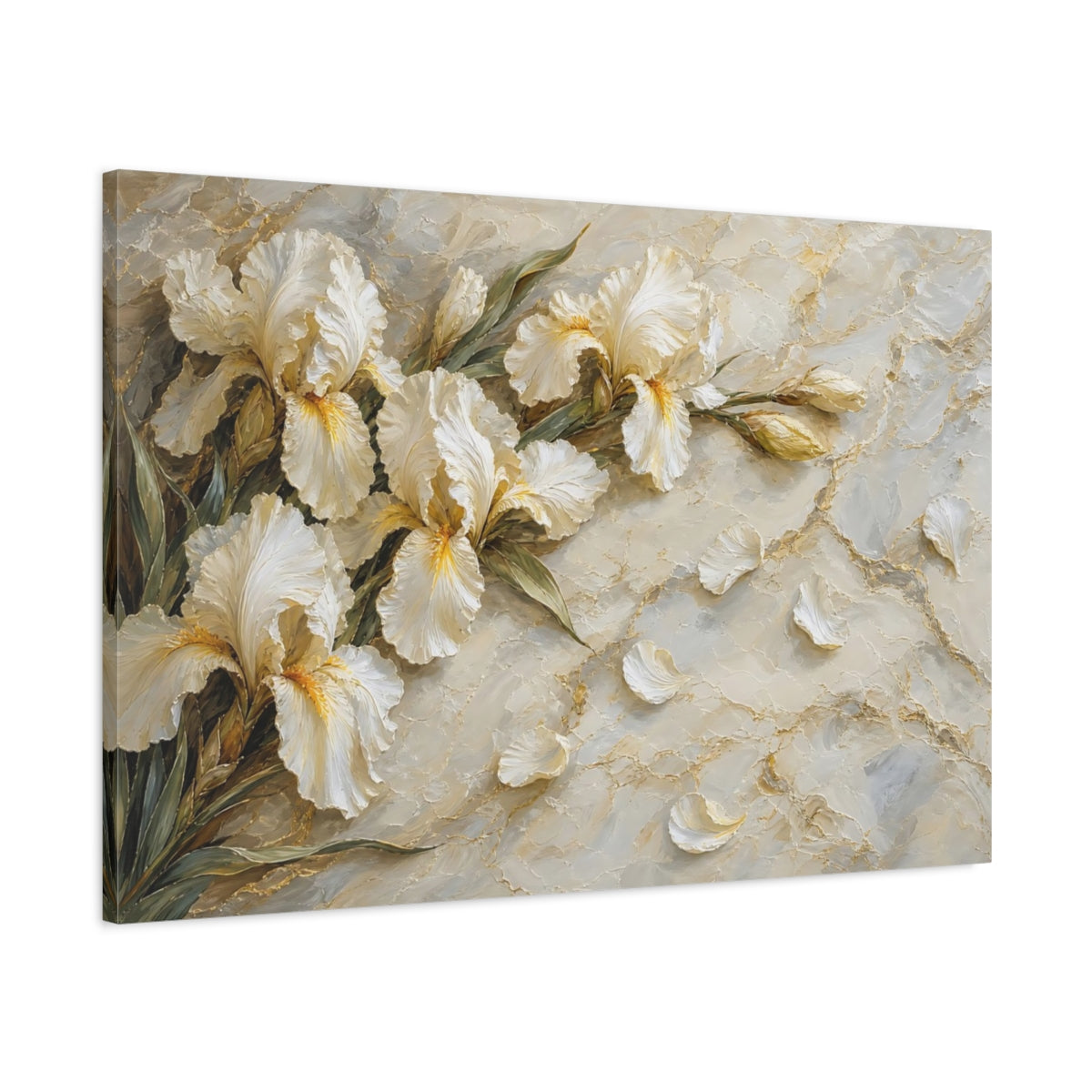 Main Mockup. Floral Irises White And Gold Floral shown as stretched canvas wall art