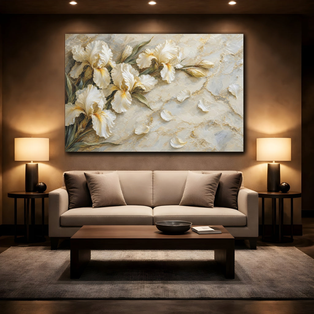 Mockup 2. Floral Irises White And Gold Floral shown as stretched canvas wall art