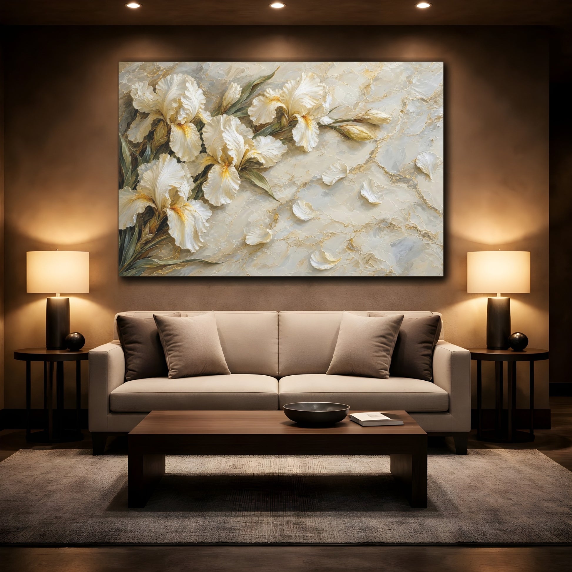 Mockup 2. Floral Irises White And Gold Floral shown as stretched canvas wall art