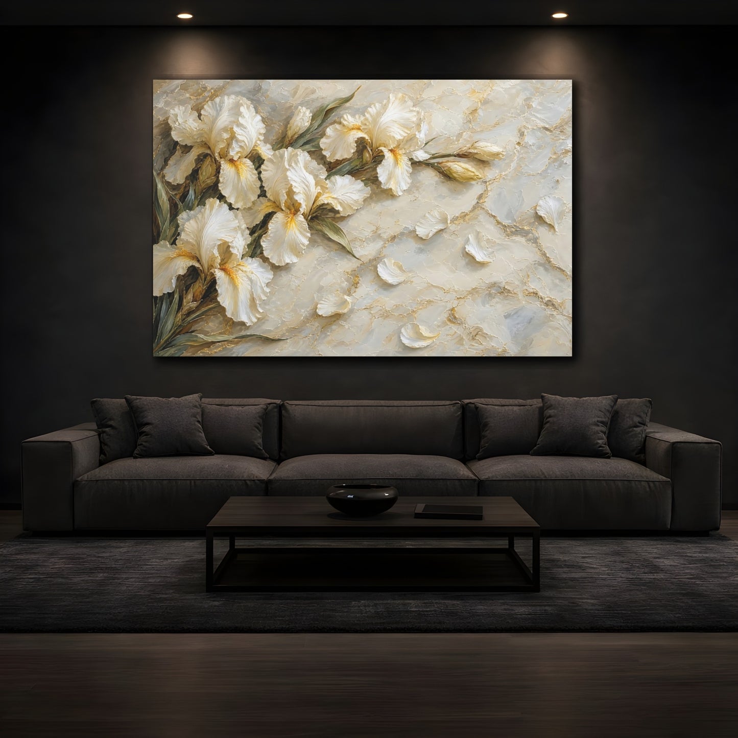 Mockup 3. Floral Irises White And Gold Floral shown as stretched canvas wall art