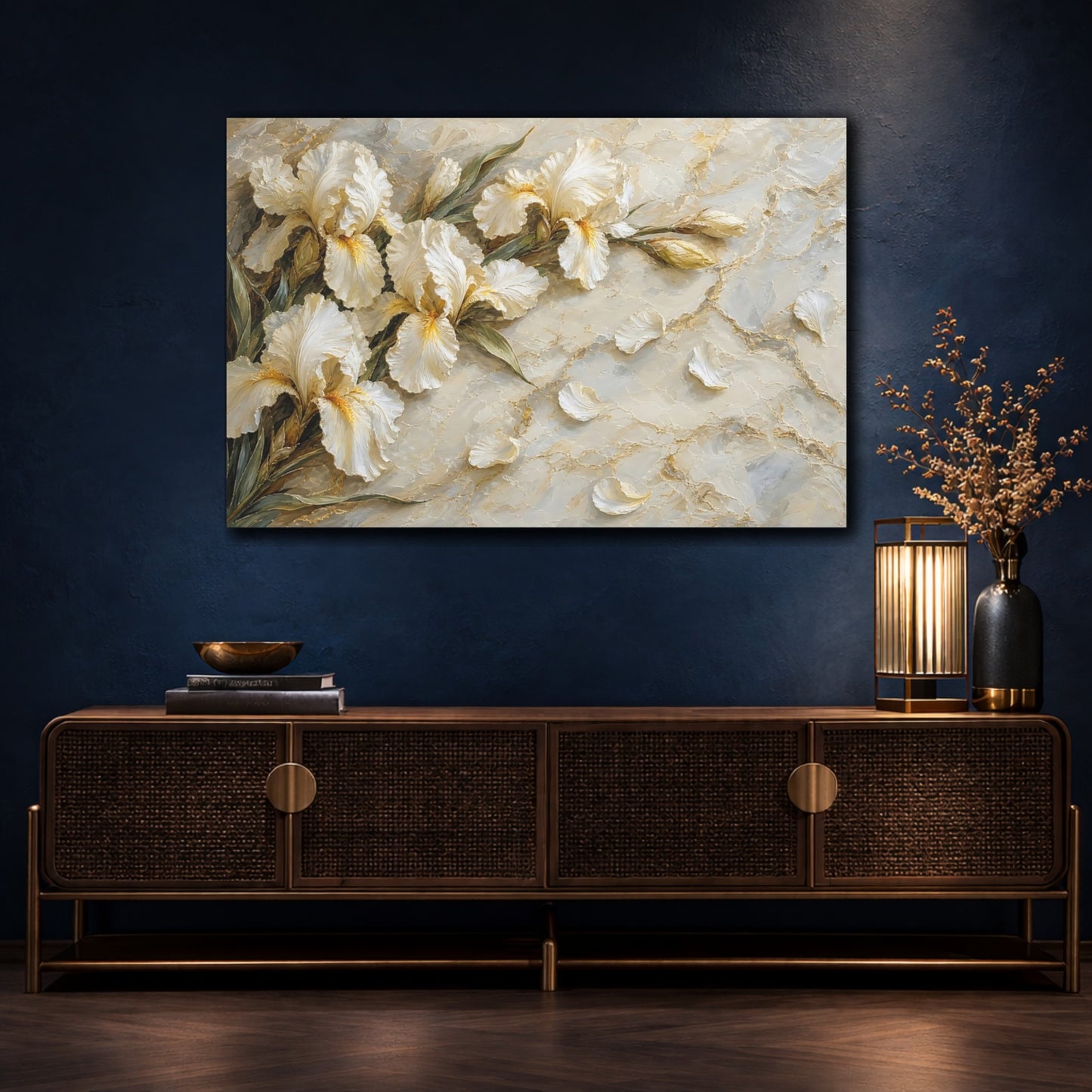 Mockup 4. Floral Irises White And Gold Floral shown as stretched canvas wall art