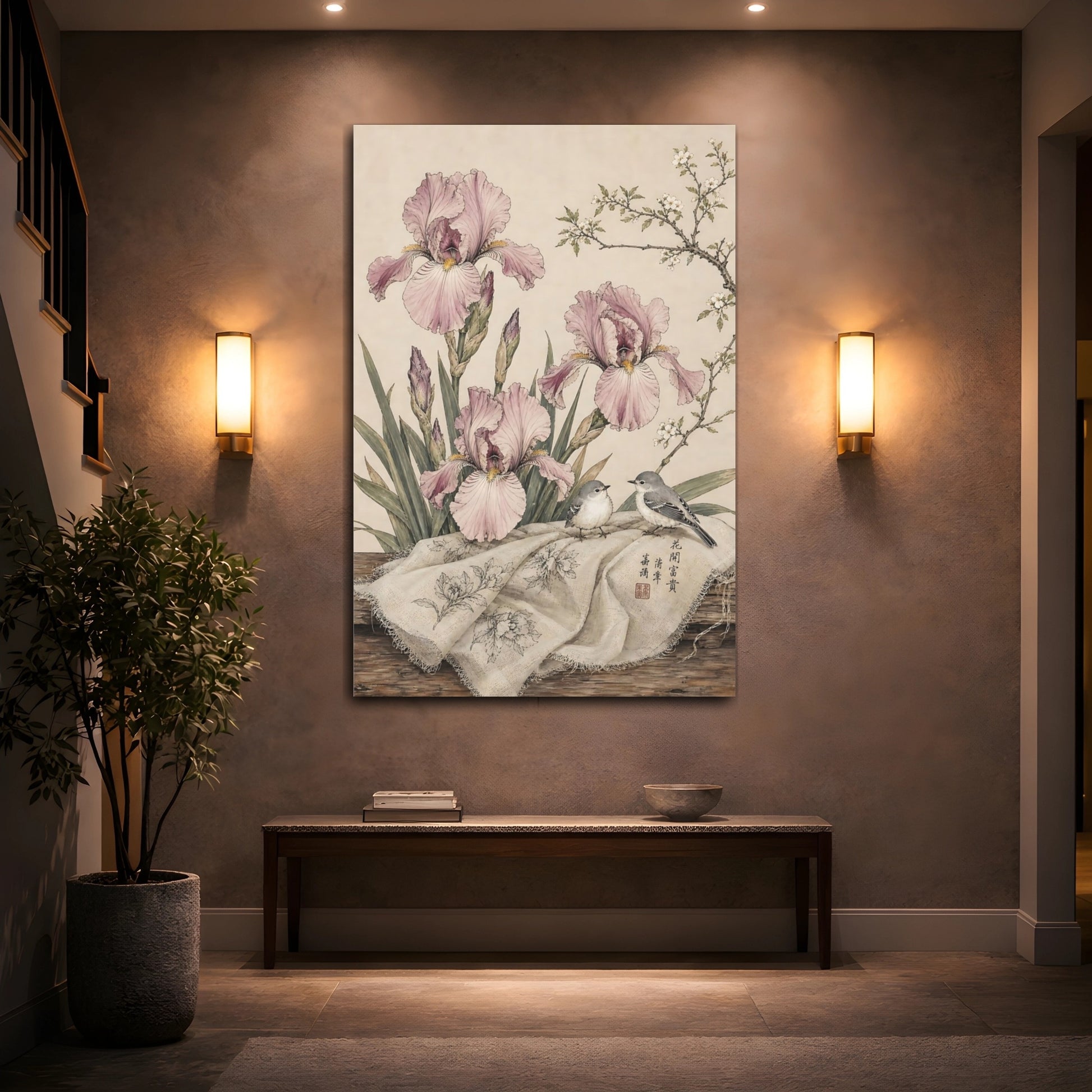 Mockup 2. Floral Irises, Birds Pink Irises Birds shown as stretched canvas wall art
