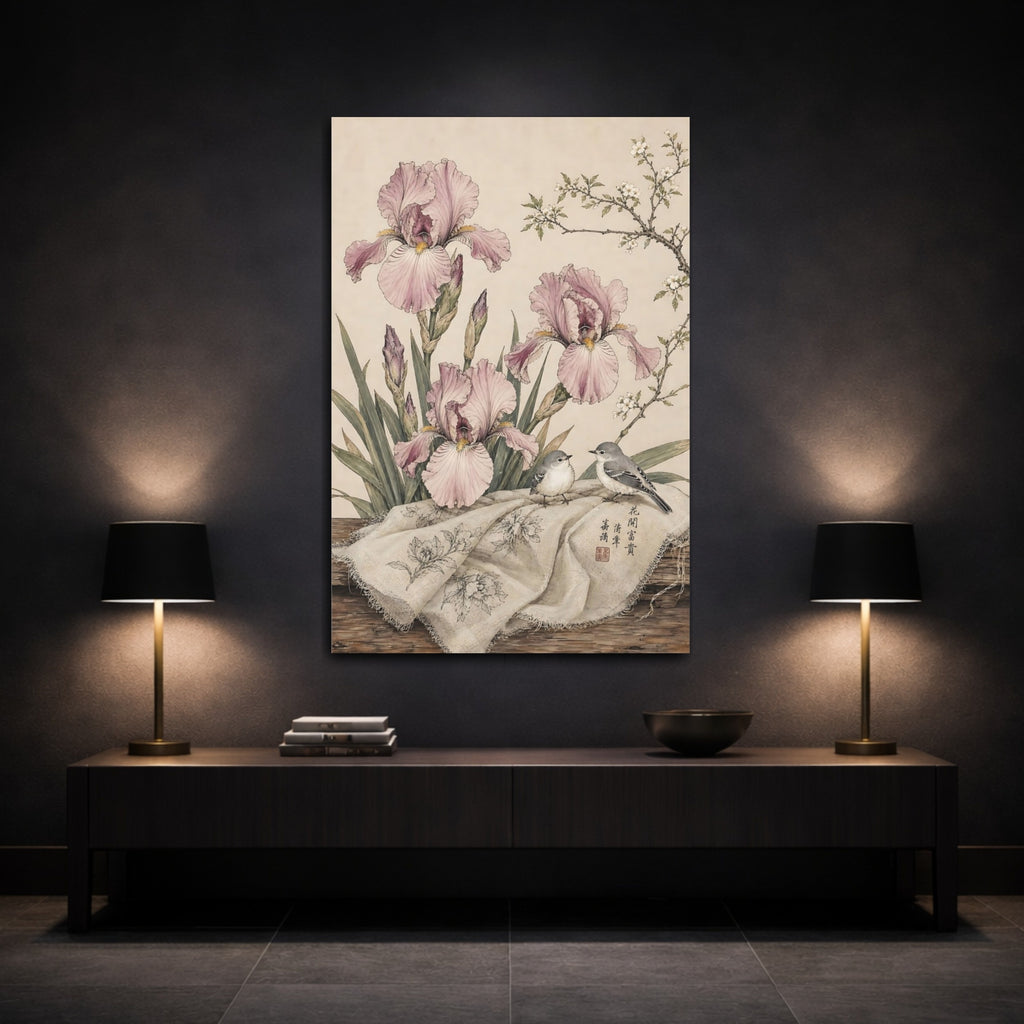 Mockup 3. Floral Irises, Birds Pink Irises Birds shown as stretched canvas wall art