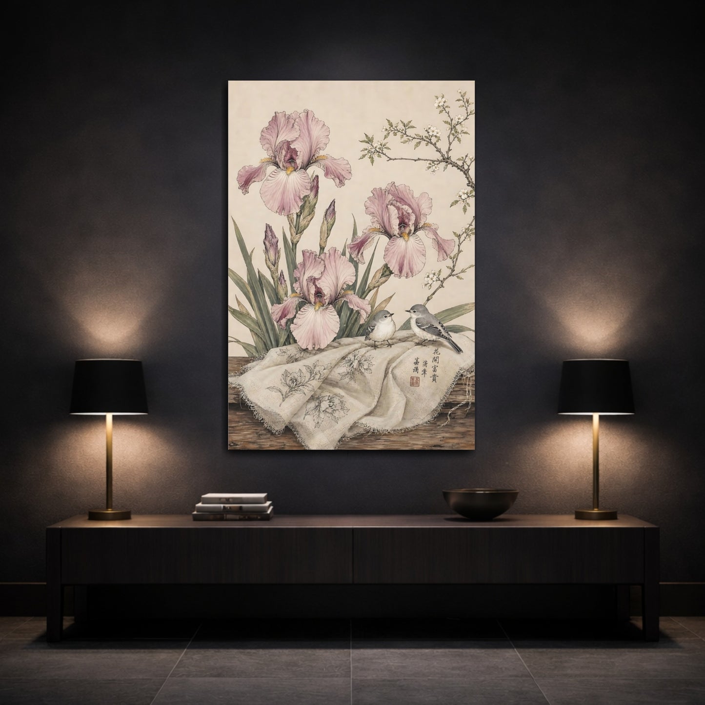 Mockup 3. Floral Irises, Birds Pink Irises Birds shown as stretched canvas wall art