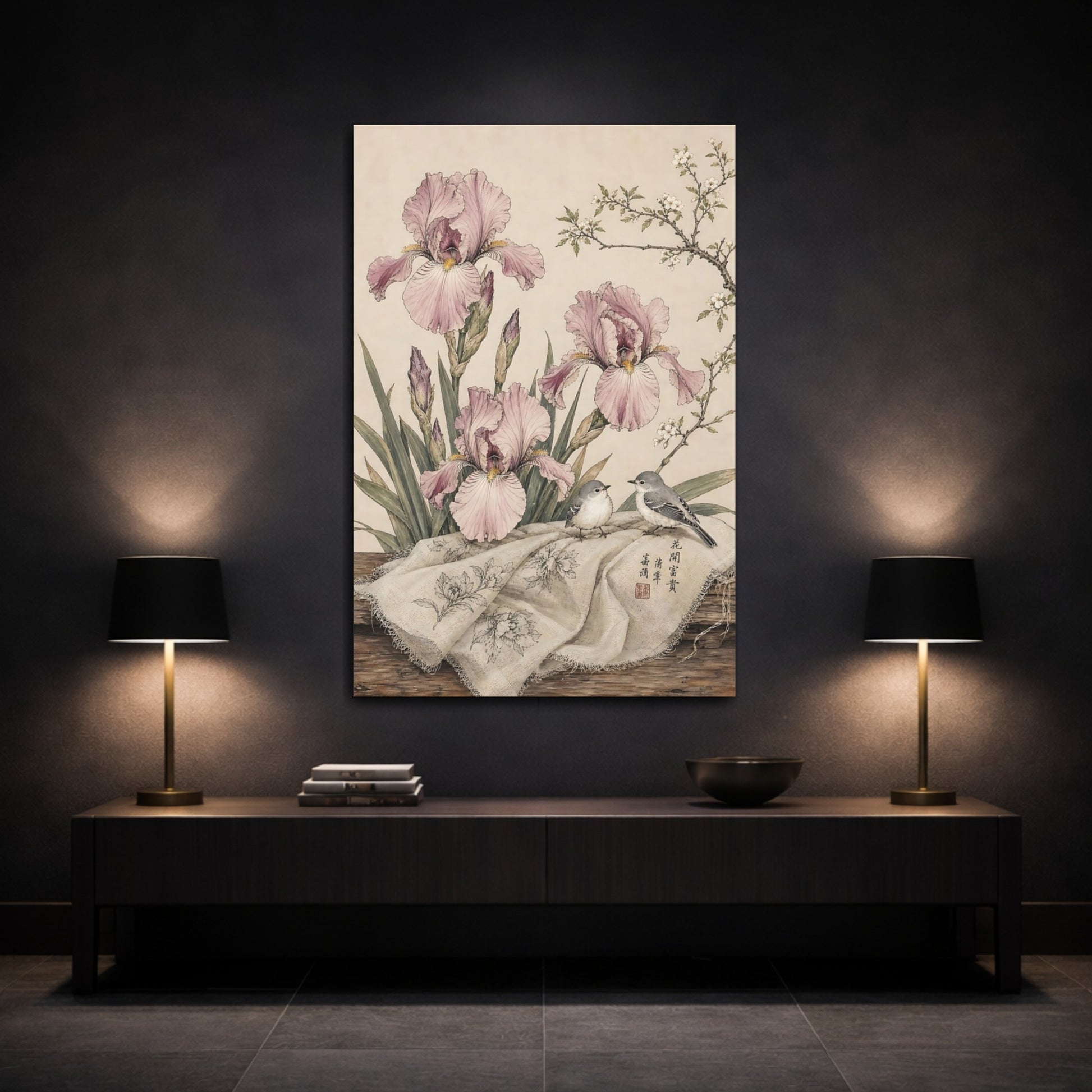 Mockup 3. Floral Irises, Birds Pink Irises Birds shown as stretched canvas wall art