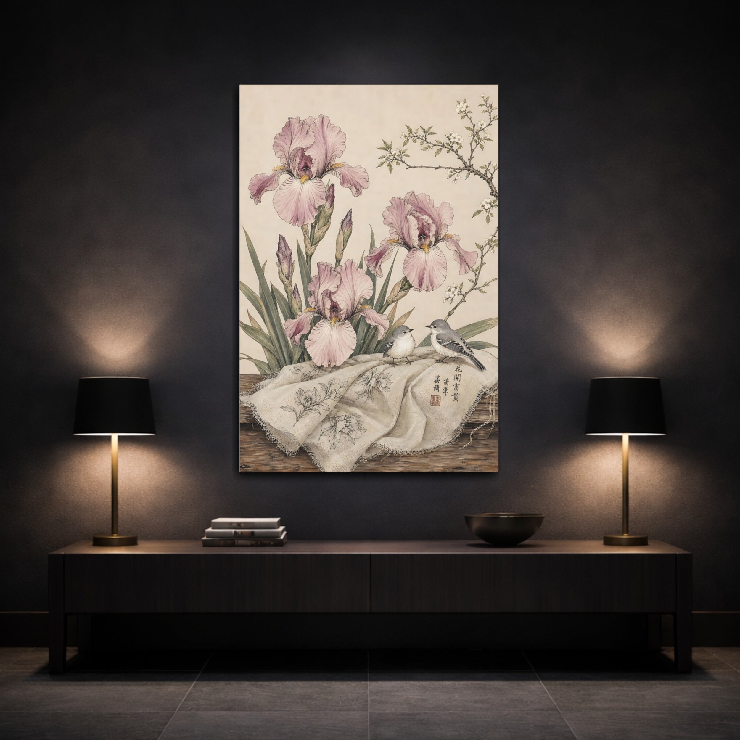 Mockup 3. Floral Irises, Birds Pink Irises Birds shown as stretched canvas wall art