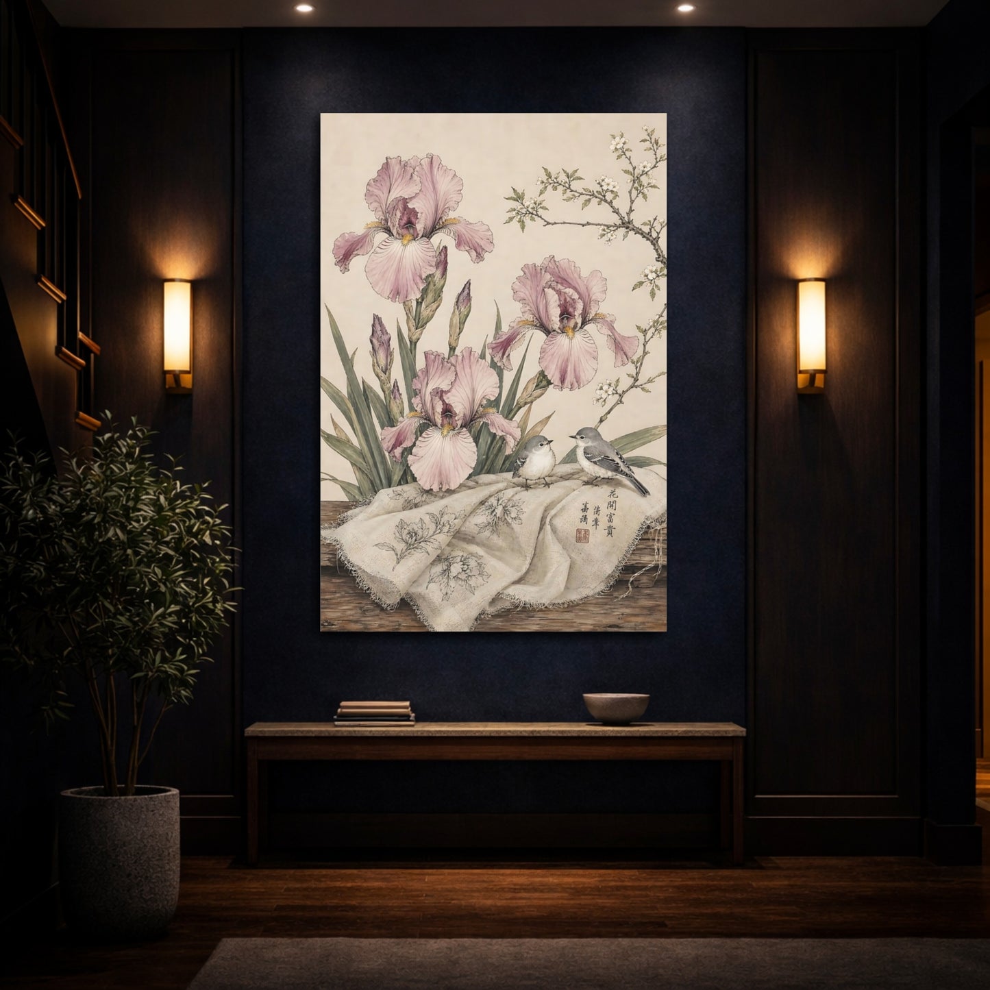 Mockup 4. Floral Irises, Birds Pink Irises Birds shown as stretched canvas wall art