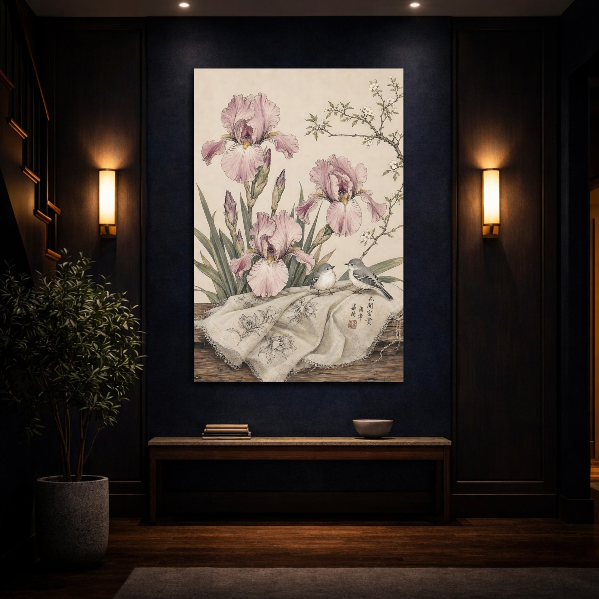 Mockup 4. Floral Irises, Birds Pink Irises Birds shown as stretched canvas wall art