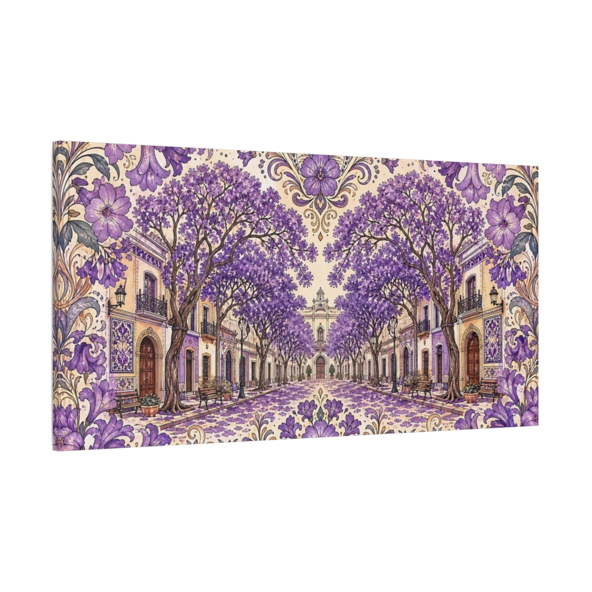 Side Mockup 2. Floral Jacaranda Street Purple Jacaranda shown as stretched canvas wall art