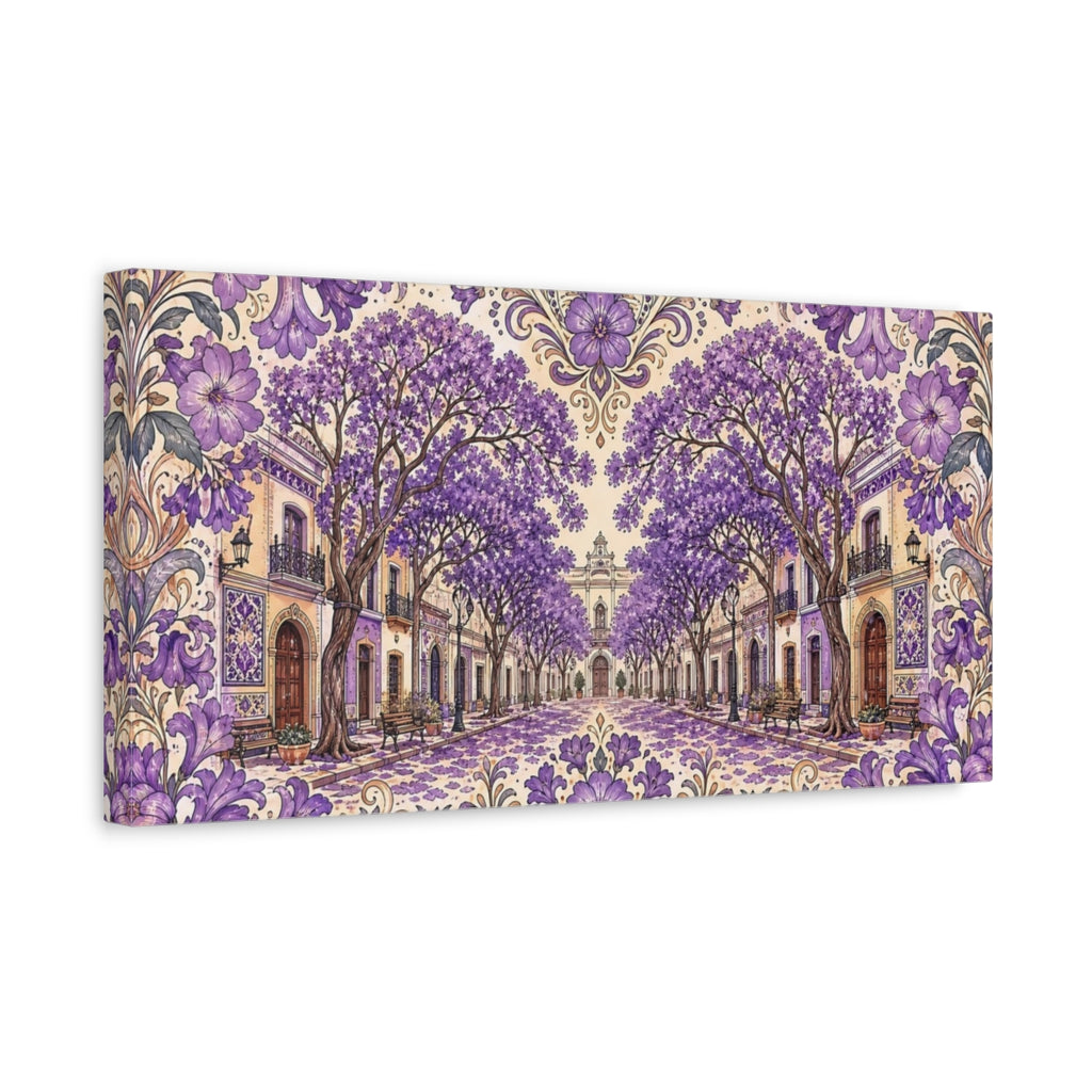 Side Mockup 3. Floral Jacaranda Street Purple Jacaranda shown as stretched canvas wall art