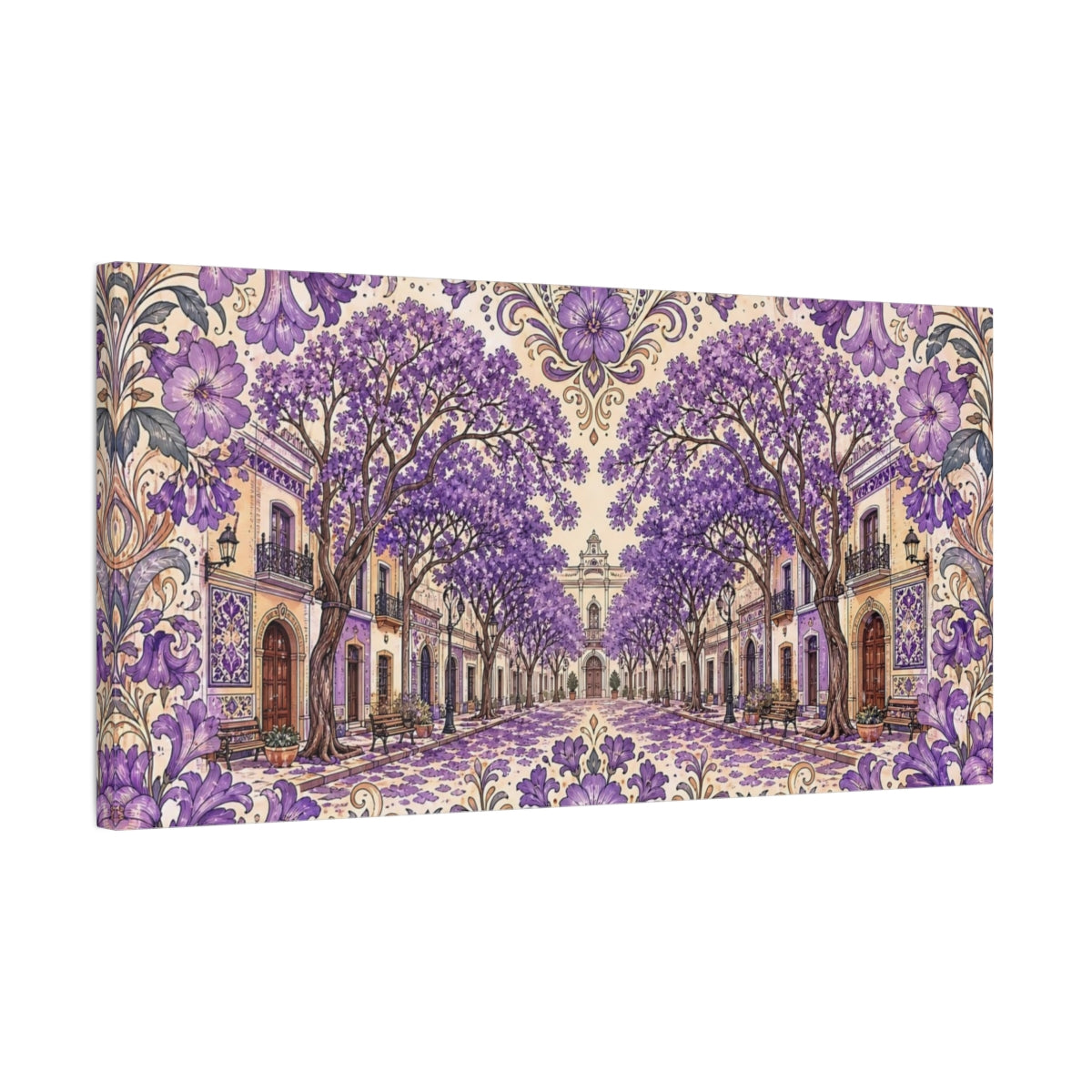 Side Mockup 1. Floral Jacaranda Street Purple Jacaranda shown as stretched canvas wall art