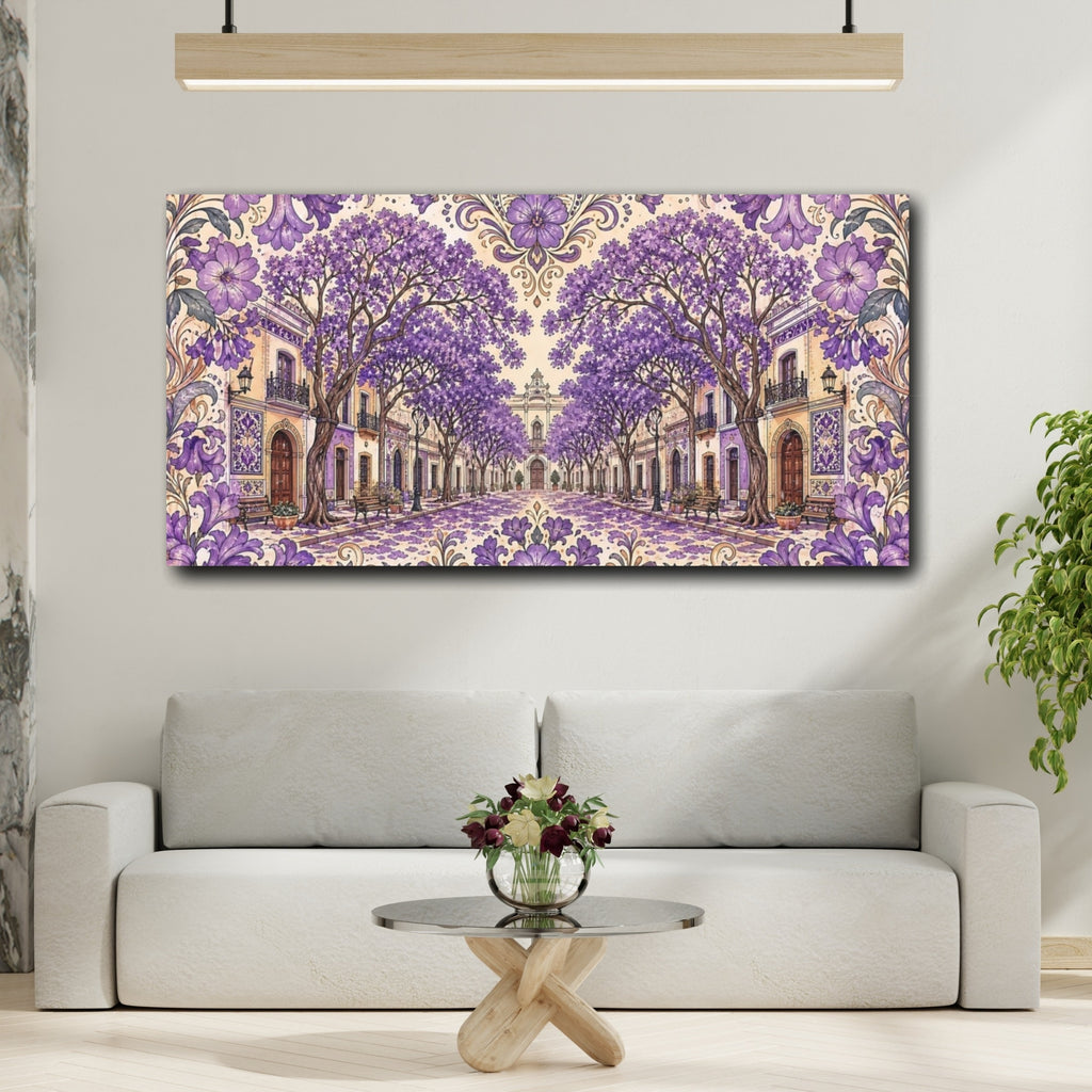 Mockup 2. Floral Jacaranda Street Purple Jacaranda shown as stretched canvas wall art