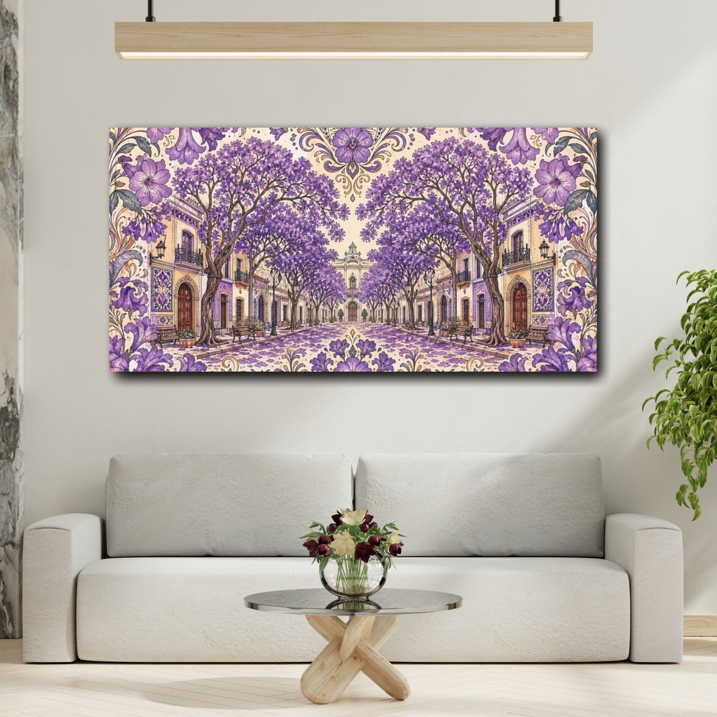 Mockup 2. Floral Jacaranda Street Purple Jacaranda shown as stretched canvas wall art
