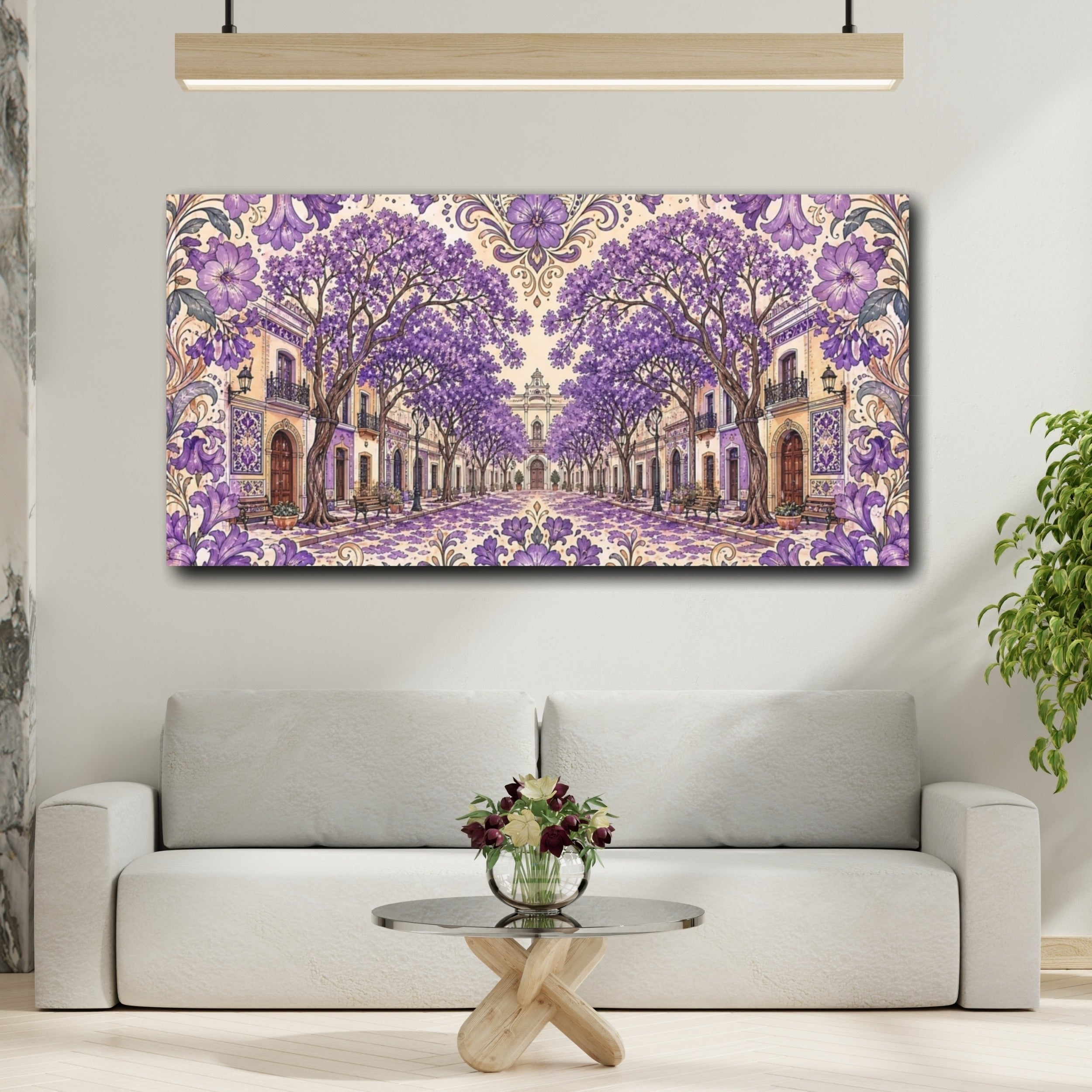 Mockup 2. Floral Jacaranda Street Purple Jacaranda shown as stretched canvas wall art