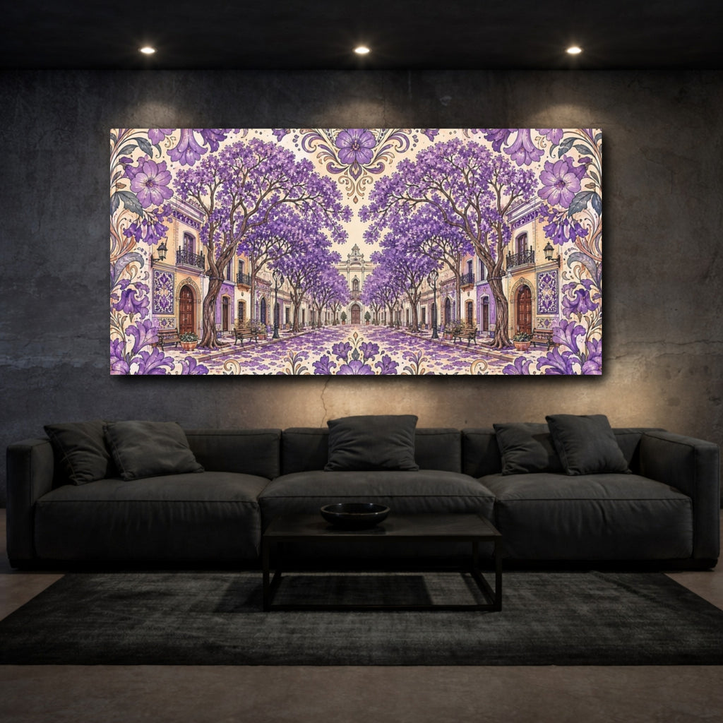Mockup 3. Floral Jacaranda Street Purple Jacaranda shown as stretched canvas wall art