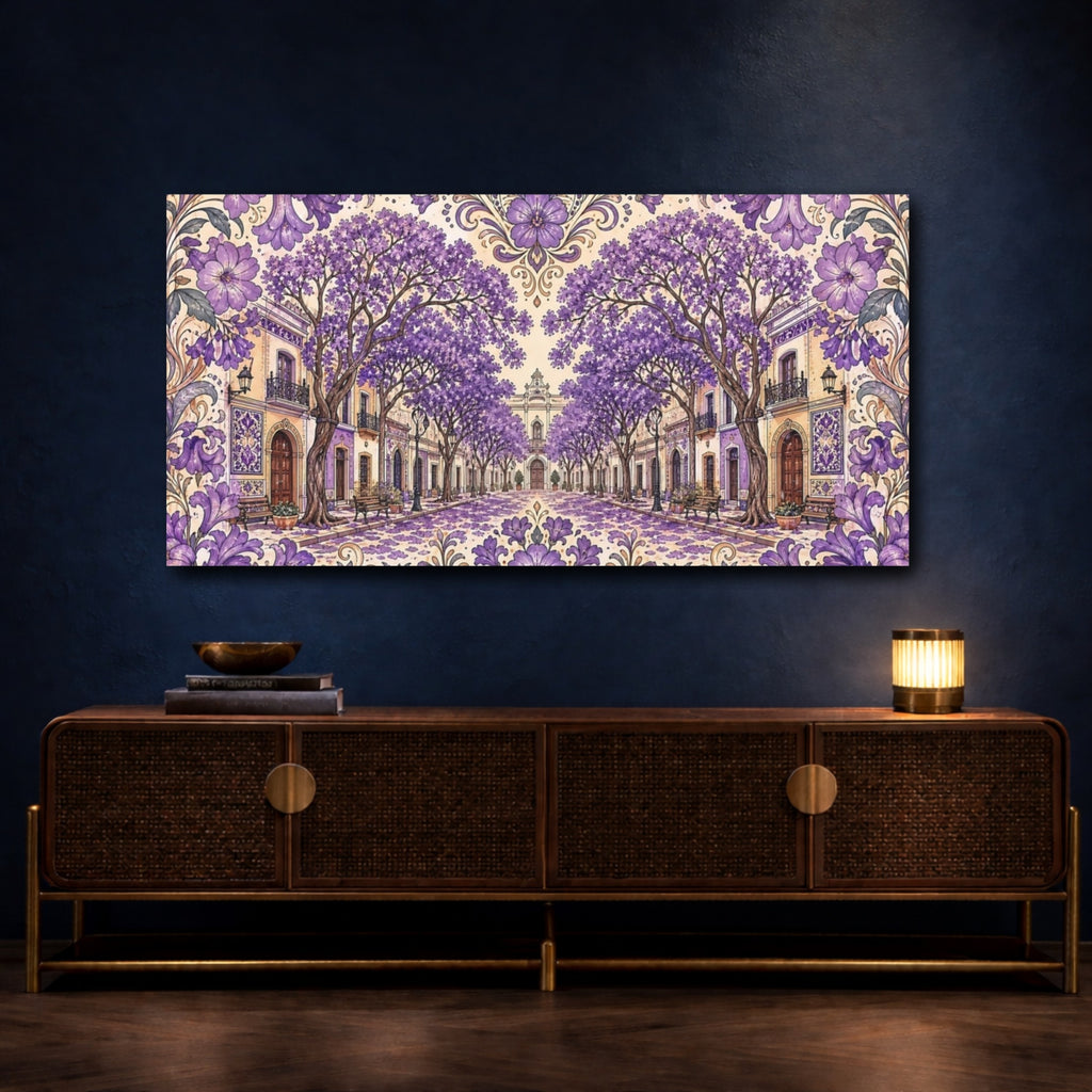 Mockup 4. Floral Jacaranda Street Purple Jacaranda shown as stretched canvas wall art