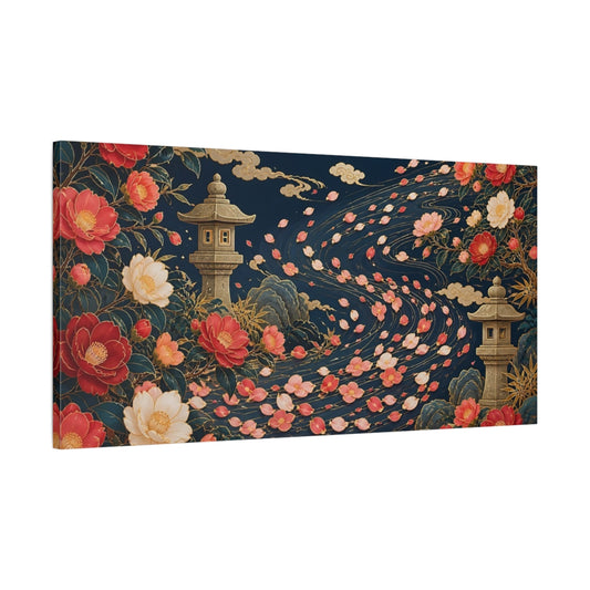 Main Mockup. Floral Japanese Garden Navy Floral Gold shown as stretched canvas wall art