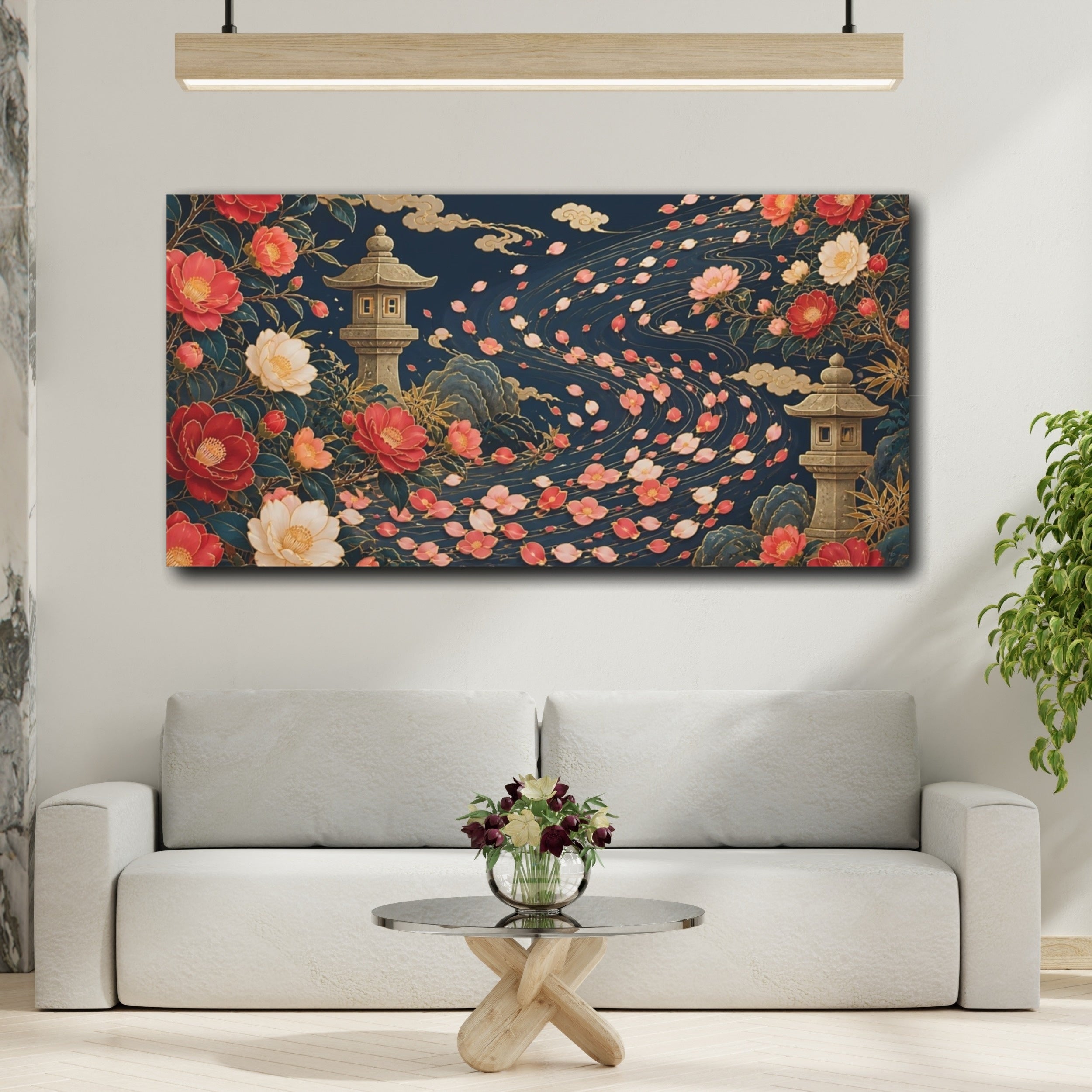Mockup 2. Floral Japanese Garden Navy Floral Gold shown as stretched canvas wall art