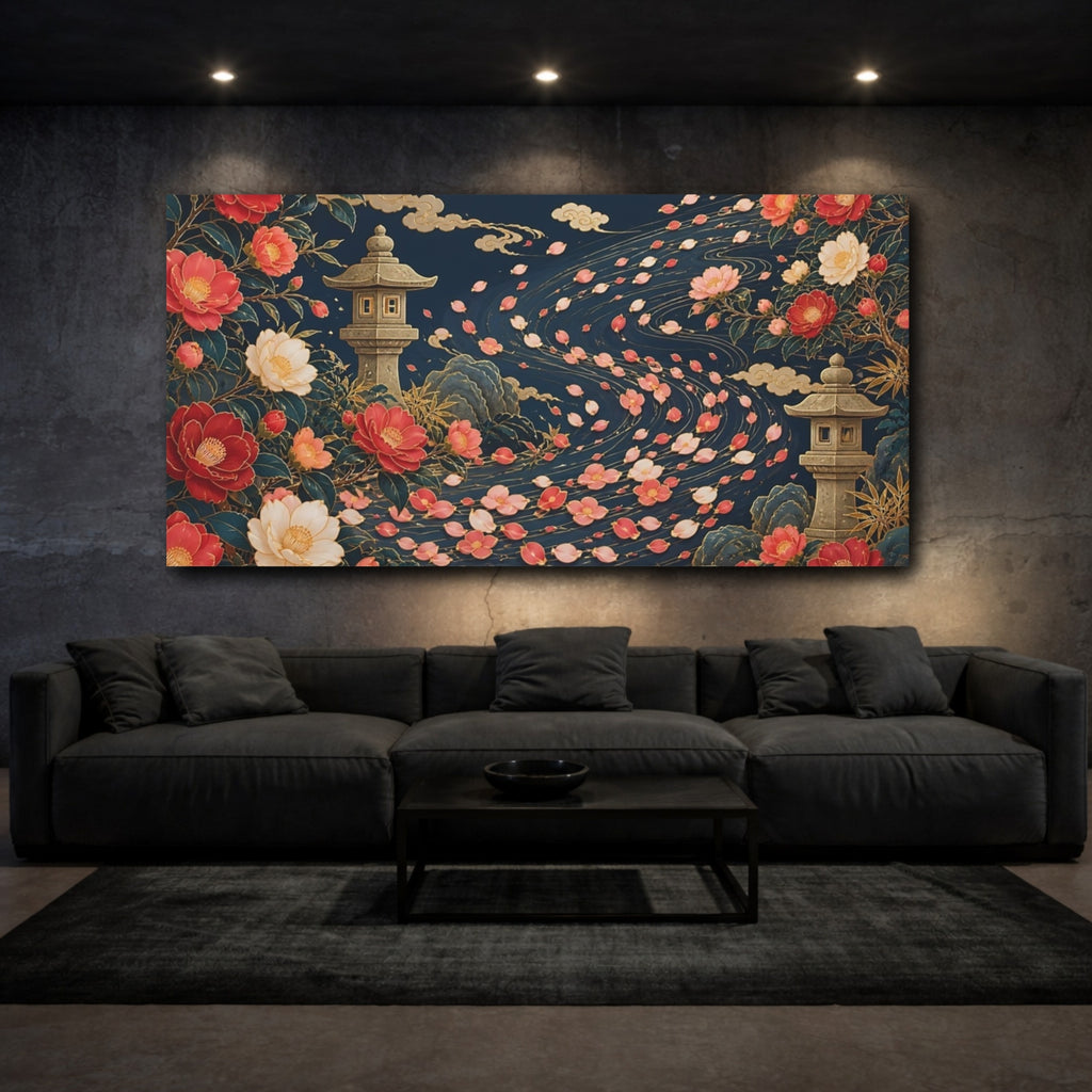 Mockup 3. Floral Japanese Garden Navy Floral Gold shown as stretched canvas wall art