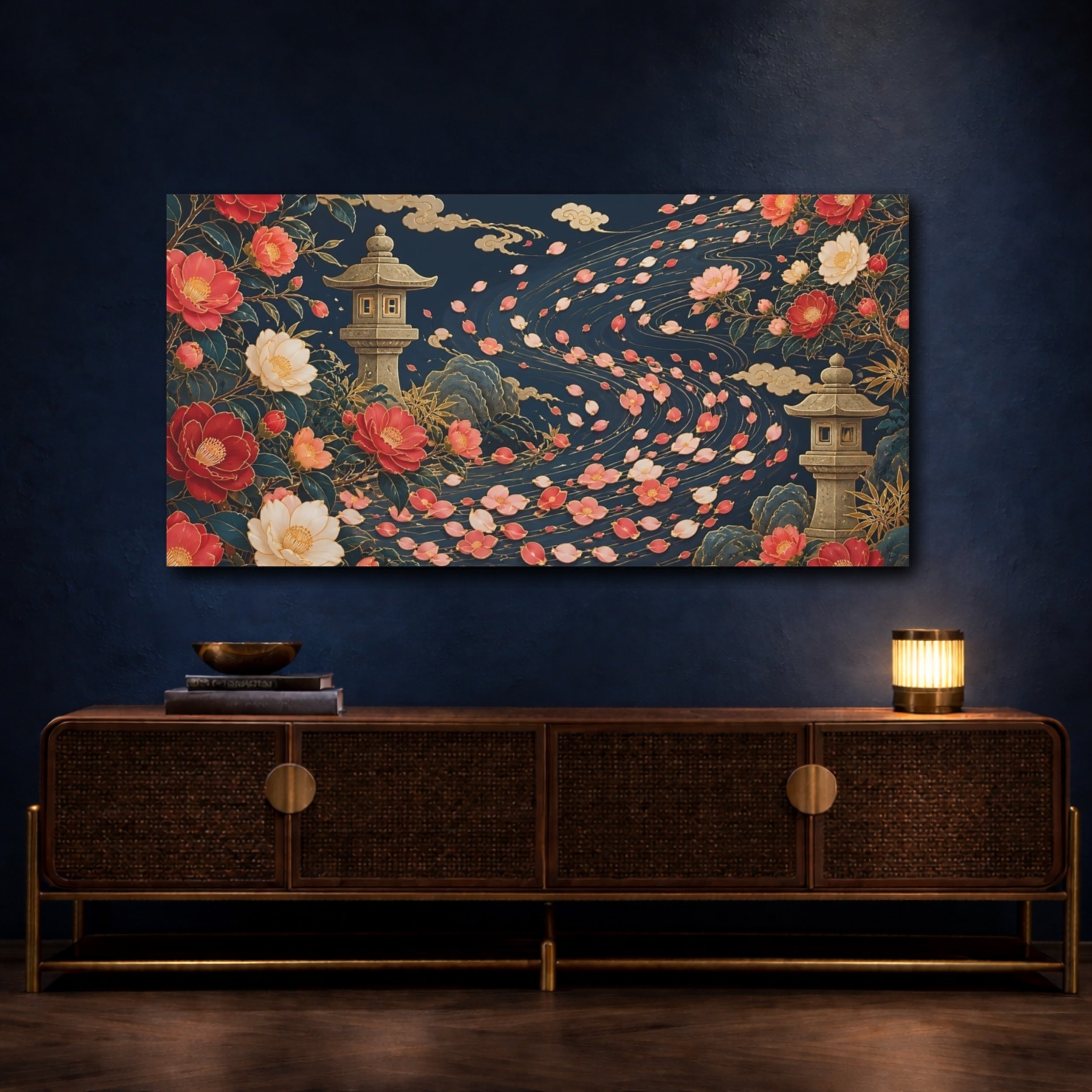 Mockup 4. Floral Japanese Garden Navy Floral Gold shown as stretched canvas wall art