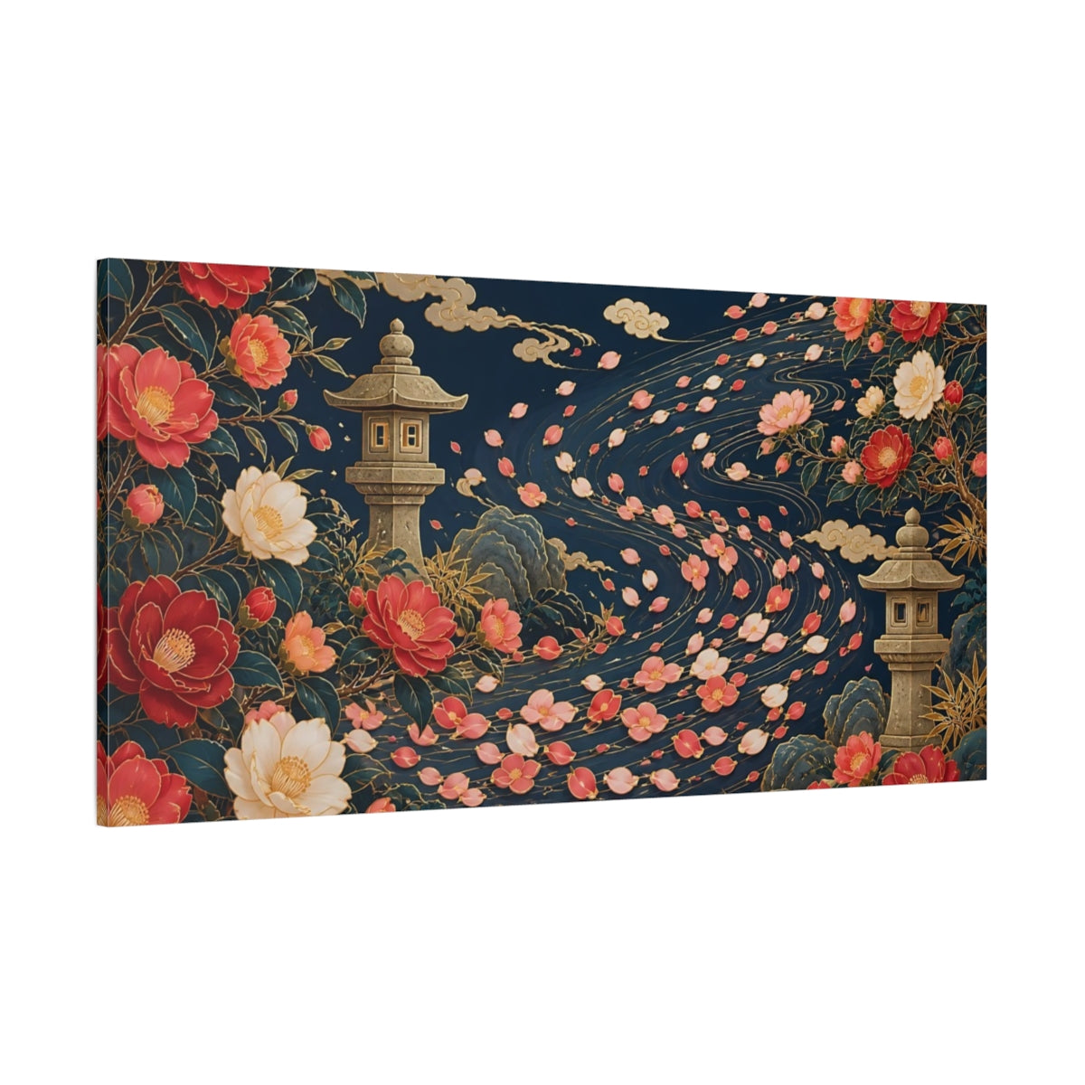 Side Mockup 2. Floral Japanese Garden Navy Floral Gold shown as stretched canvas wall art