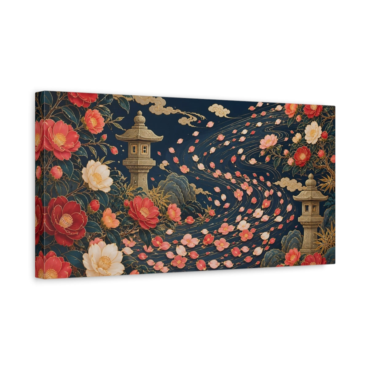 Side Mockup 3. Floral Japanese Garden Navy Floral Gold shown as stretched canvas wall art