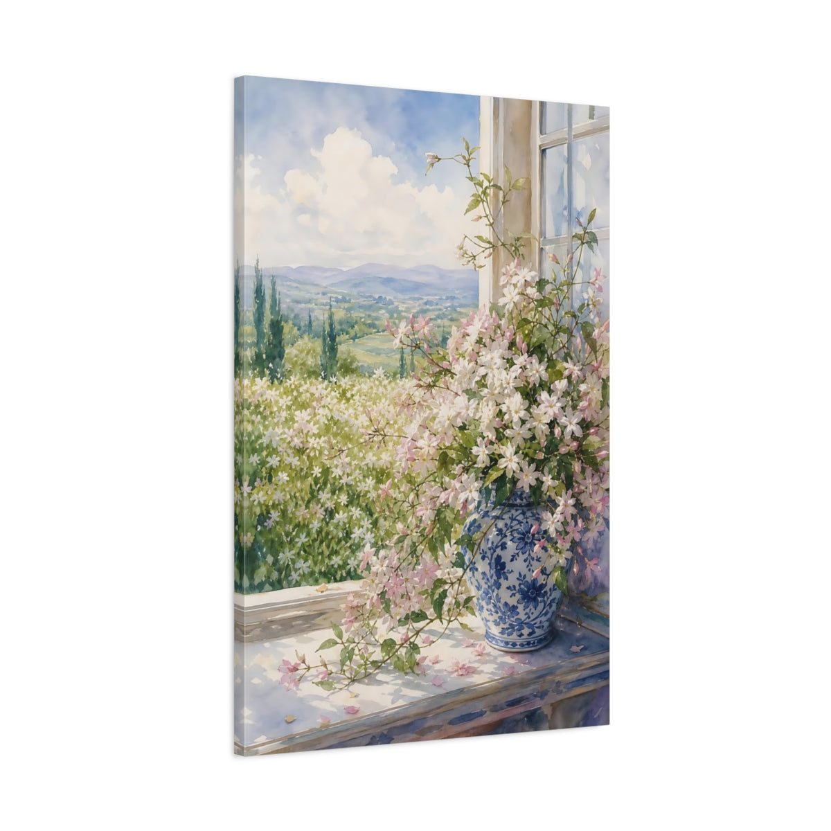 Main Mockup. Floral Jasmine Bouquet Pink Floral View shown as stretched canvas wall art