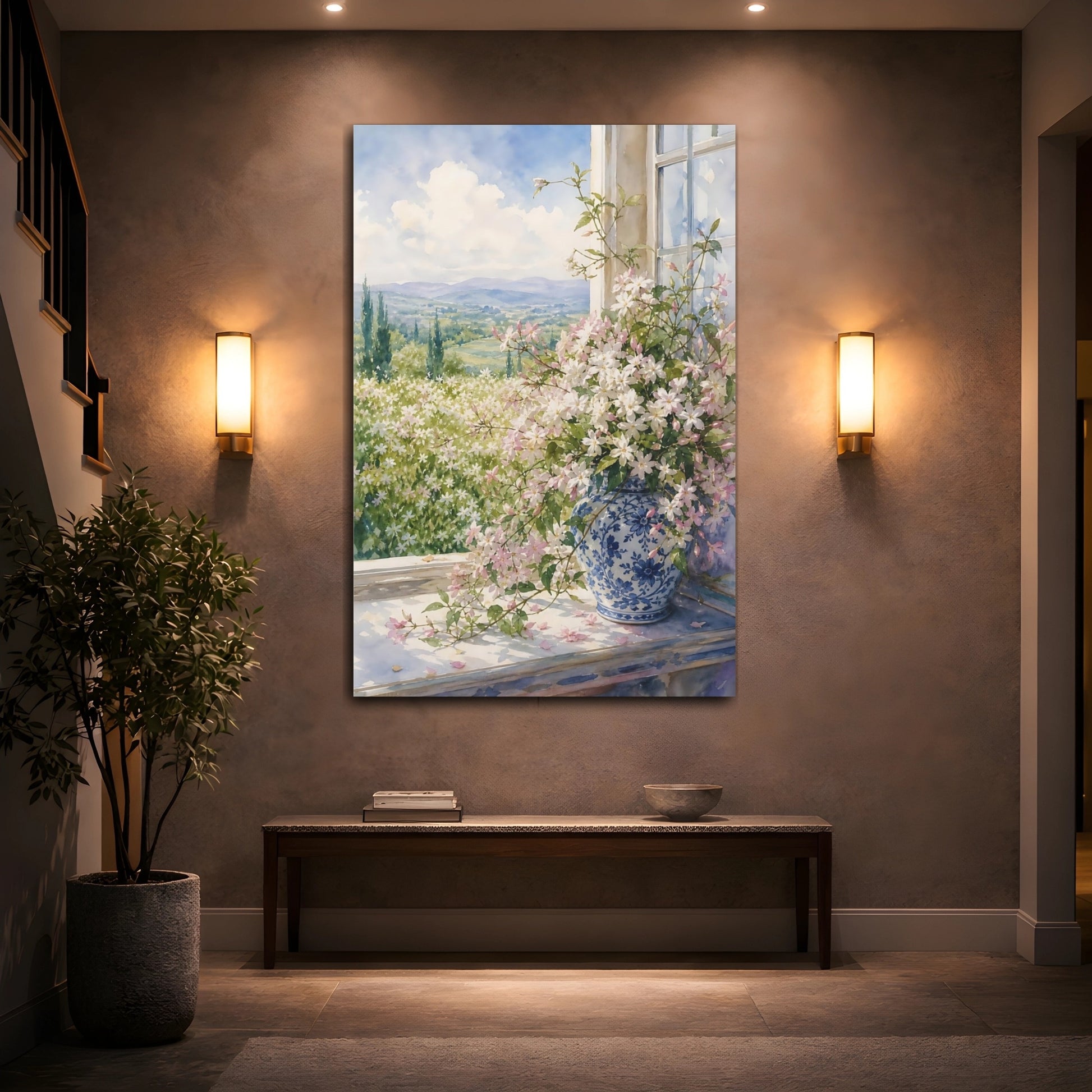 Mockup 2. Floral Jasmine Bouquet Pink Floral View shown as stretched canvas wall art