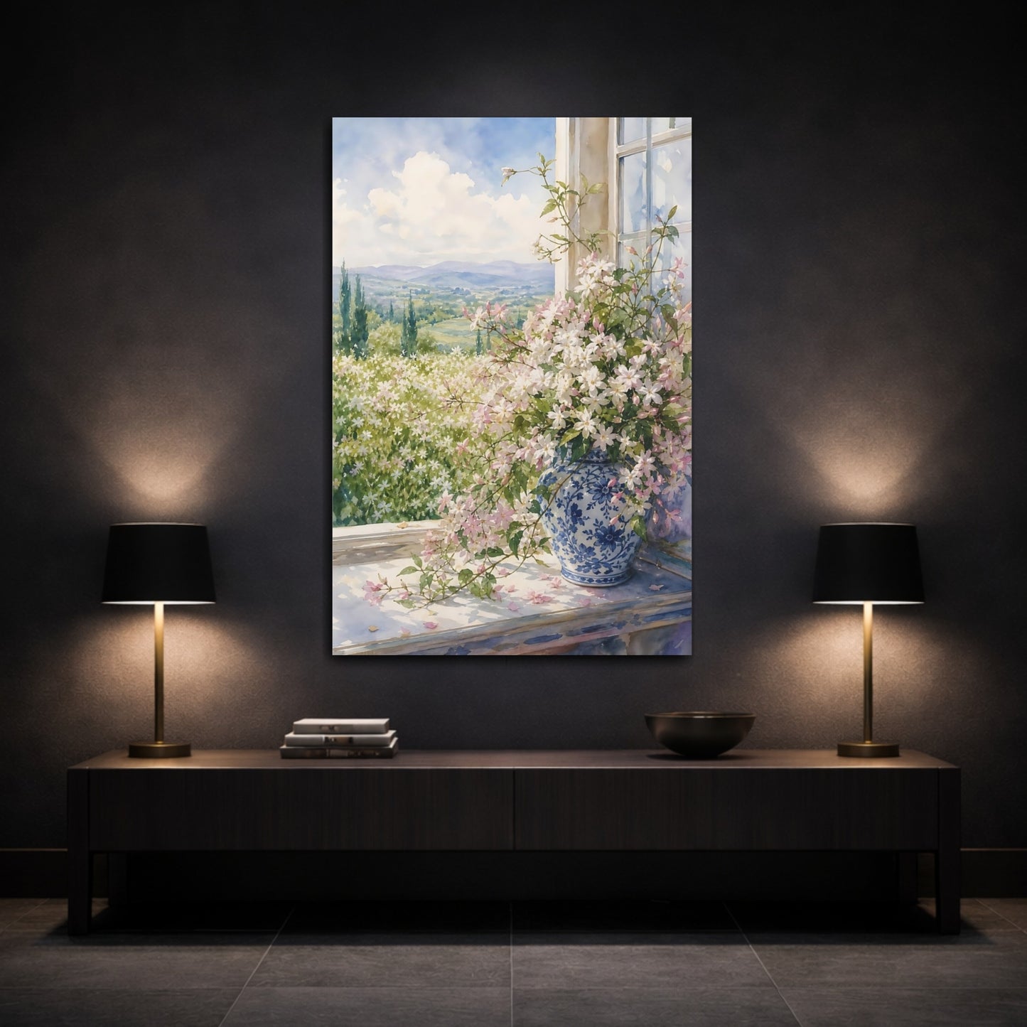 Mockup 3. Floral Jasmine Bouquet Pink Floral View shown as stretched canvas wall art