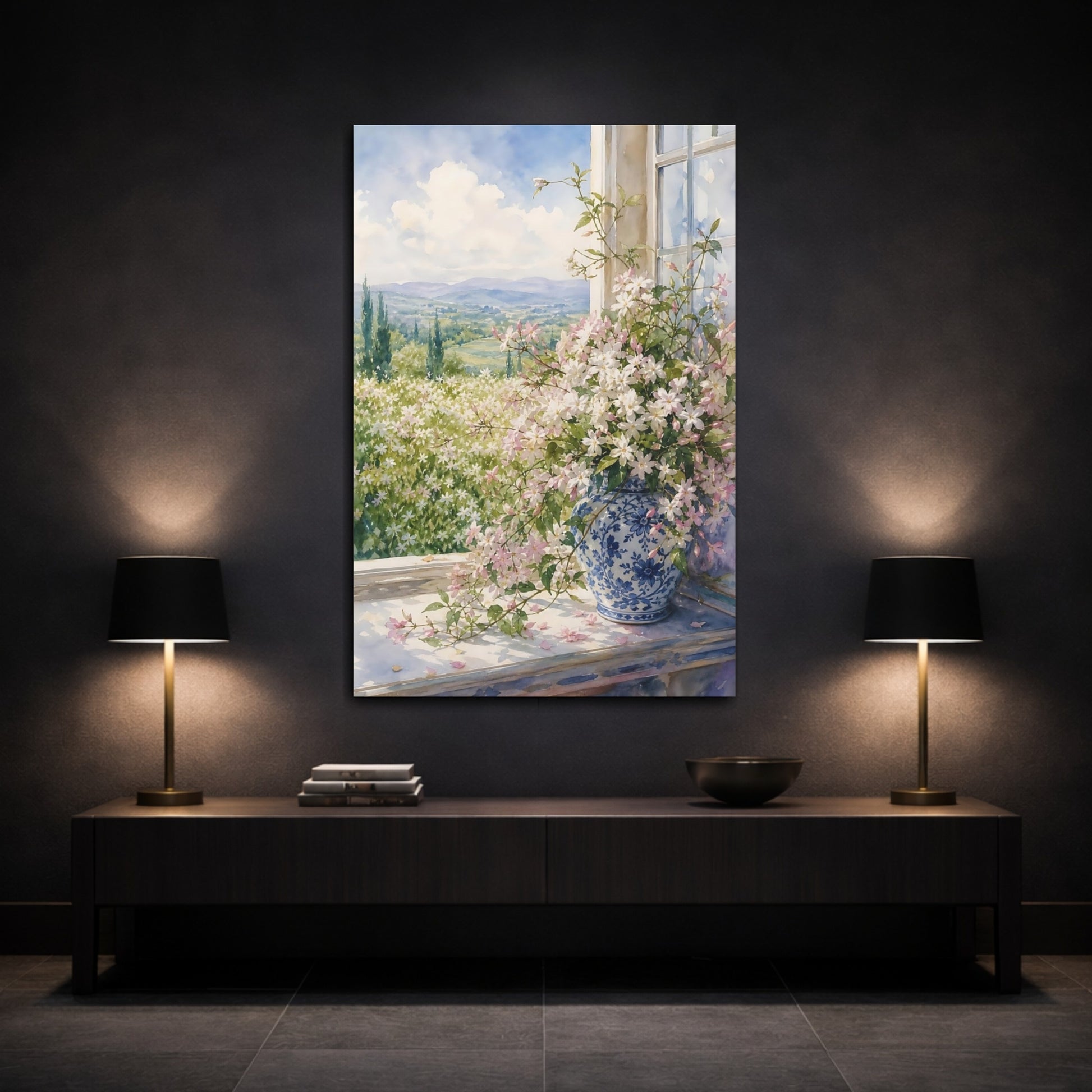 Mockup 3. Floral Jasmine Bouquet Pink Floral View shown as stretched canvas wall art