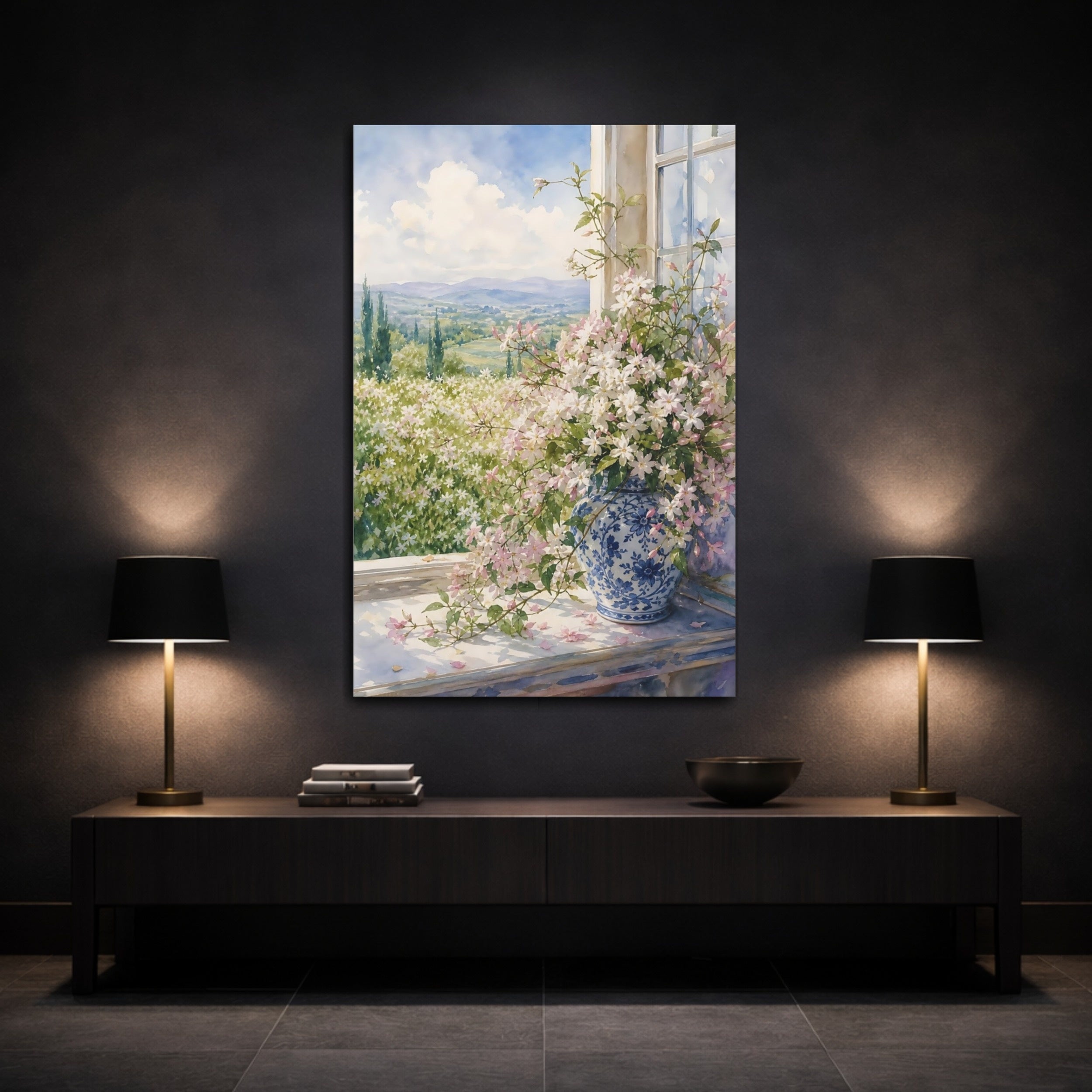 Mockup 3. Floral Jasmine Bouquet Pink Floral View shown as stretched canvas wall art
