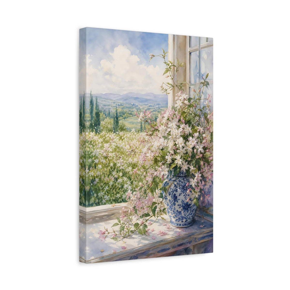 Side Mockup 4. Floral Jasmine Bouquet Pink Floral View shown as stretched canvas wall art