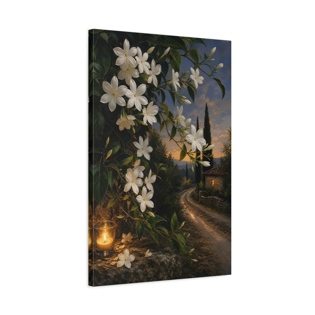 Side Mockup 2. Floral Jasmine Flowers White Jasmine Evening shown as stretched canvas wall art