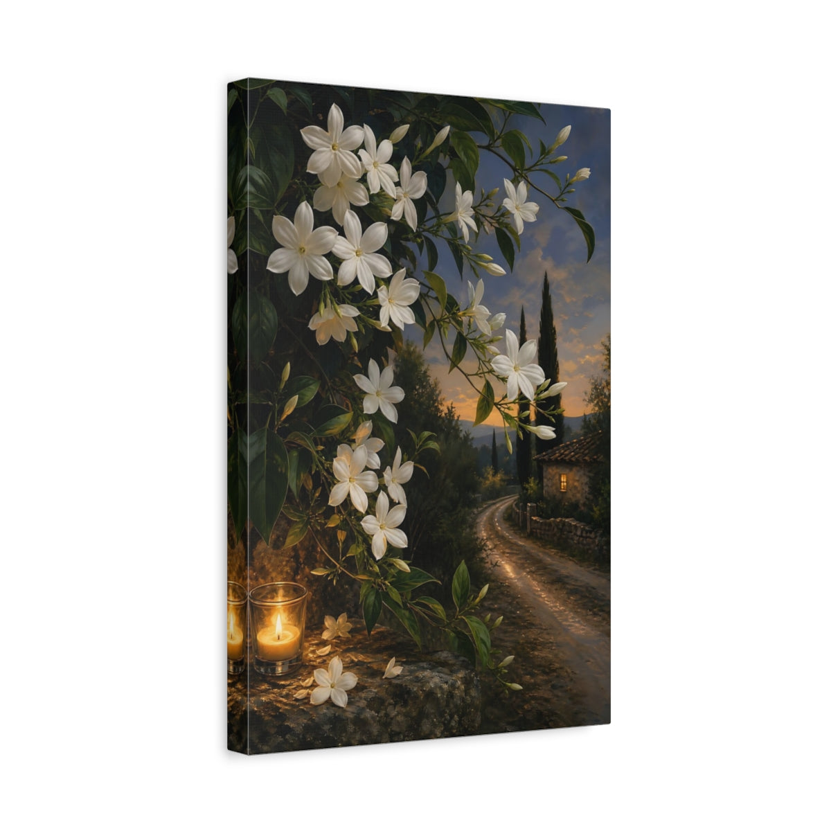 Side Mockup 4. Floral Jasmine Flowers White Jasmine Evening shown as stretched canvas wall art