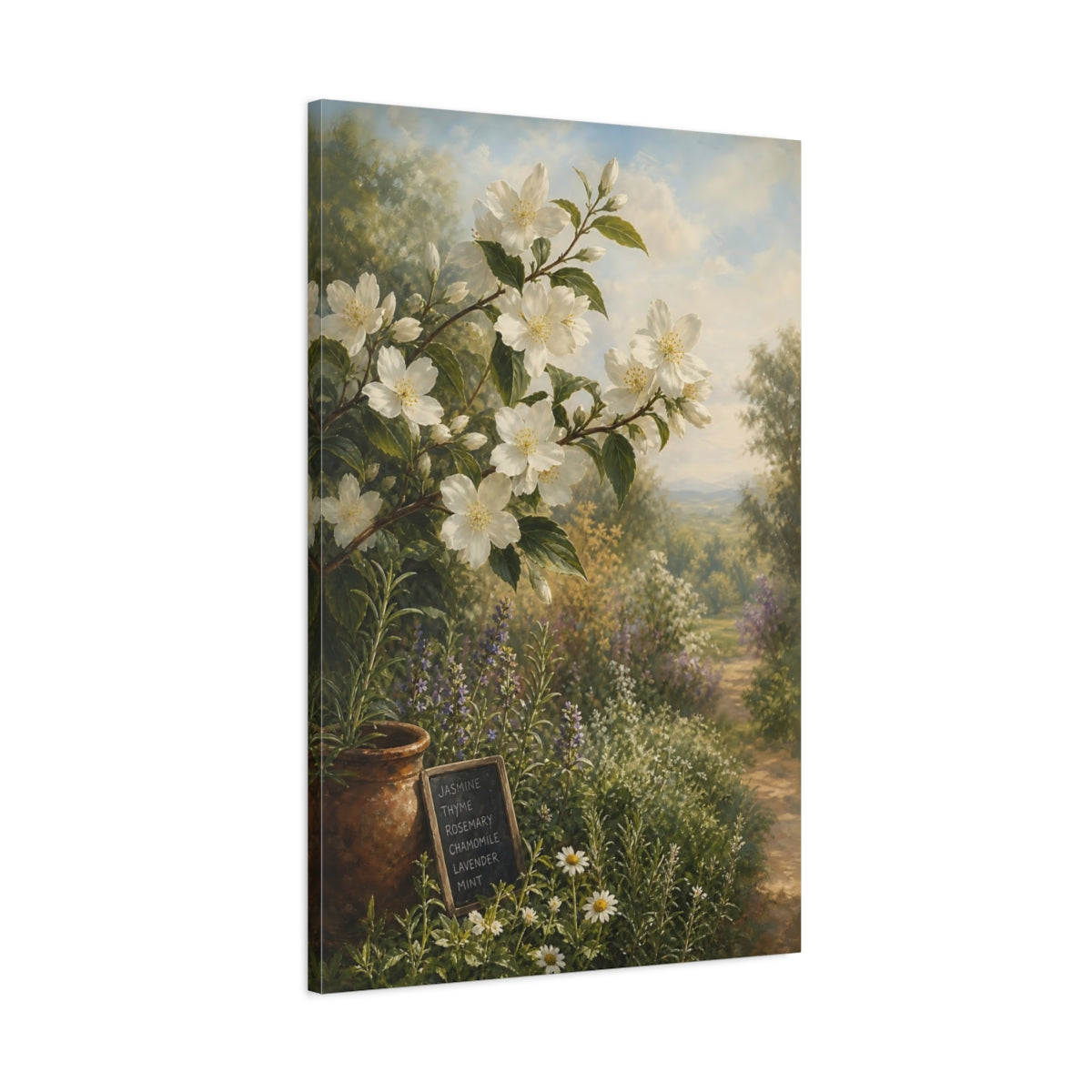Main Mockup. Floral Jasmine Flowers White Floral Garden shown as stretched canvas wall art