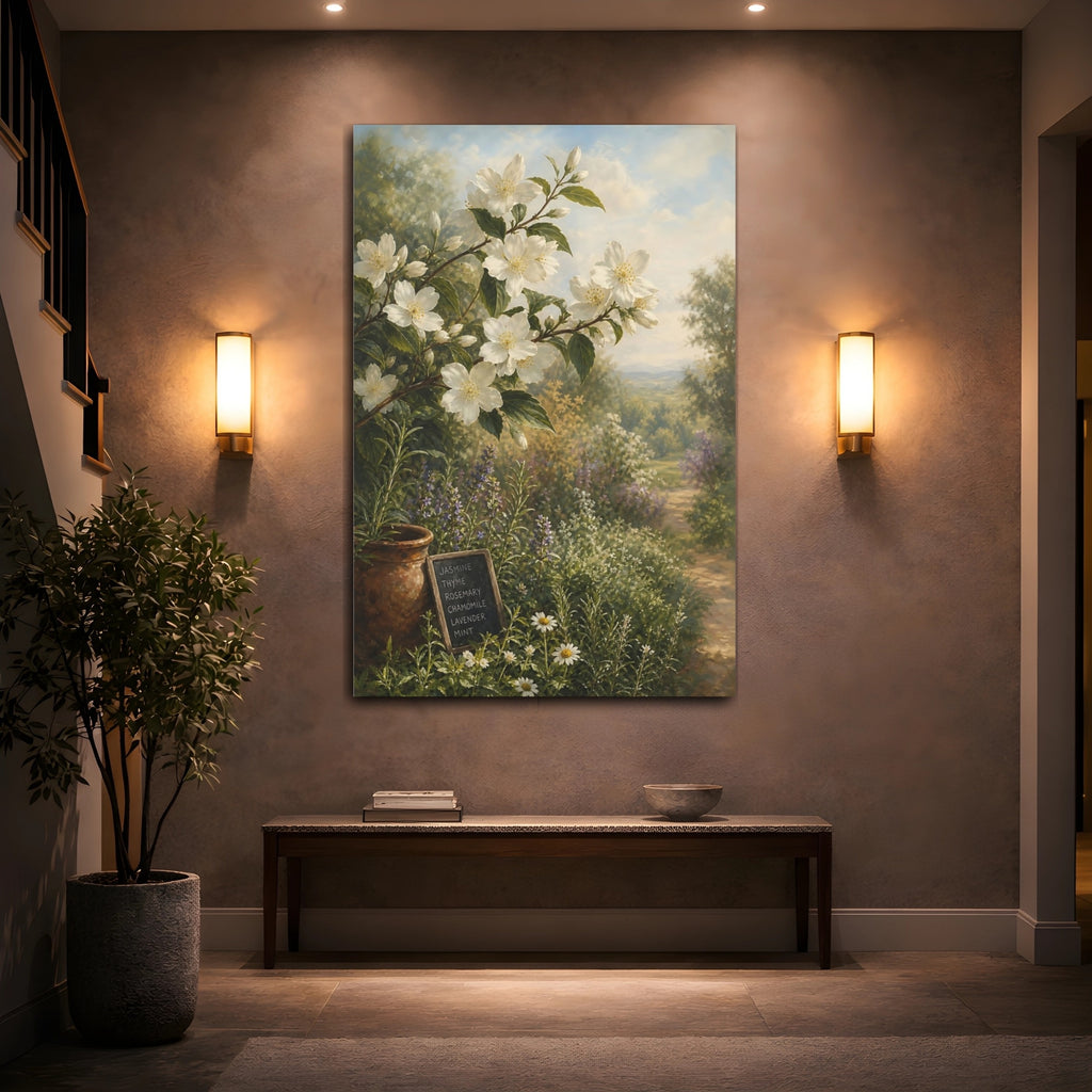 Mockup 2. Floral Jasmine Flowers White Floral Garden shown as stretched canvas wall art