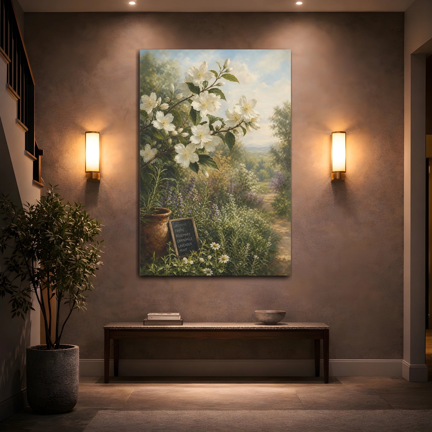 Mockup 2. Floral Jasmine Flowers White Floral Garden shown as stretched canvas wall art