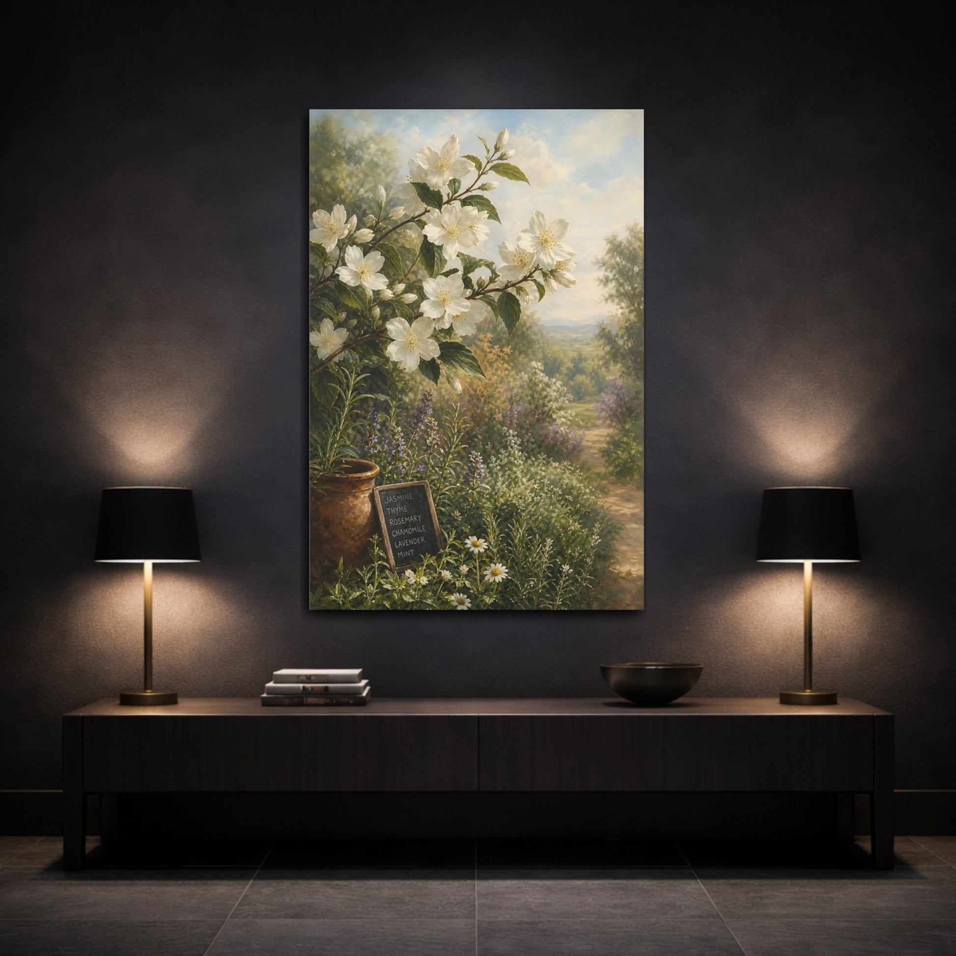 Mockup 3. Floral Jasmine Flowers White Floral Garden shown as stretched canvas wall art