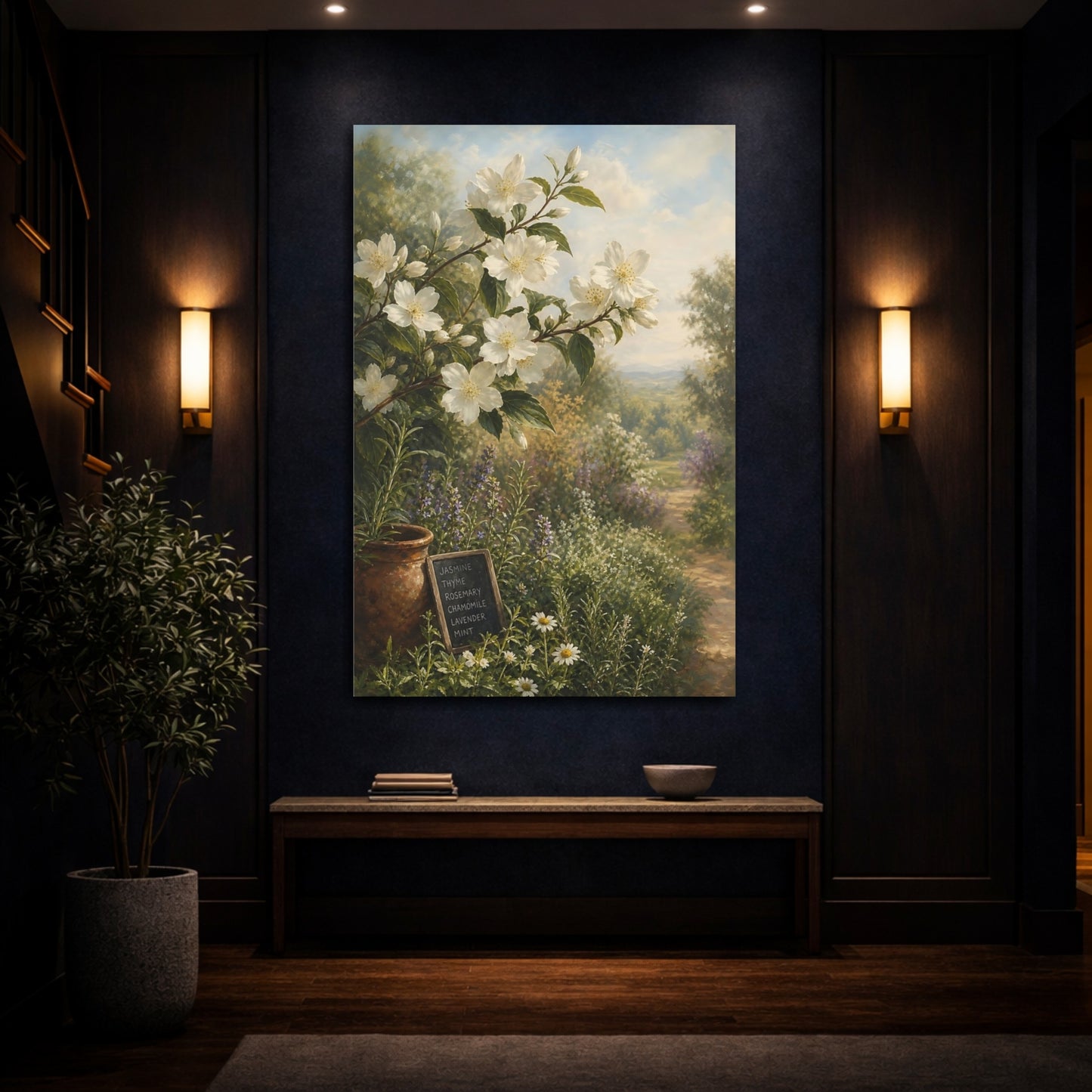 Mockup 4. Floral Jasmine Flowers White Floral Garden shown as stretched canvas wall art