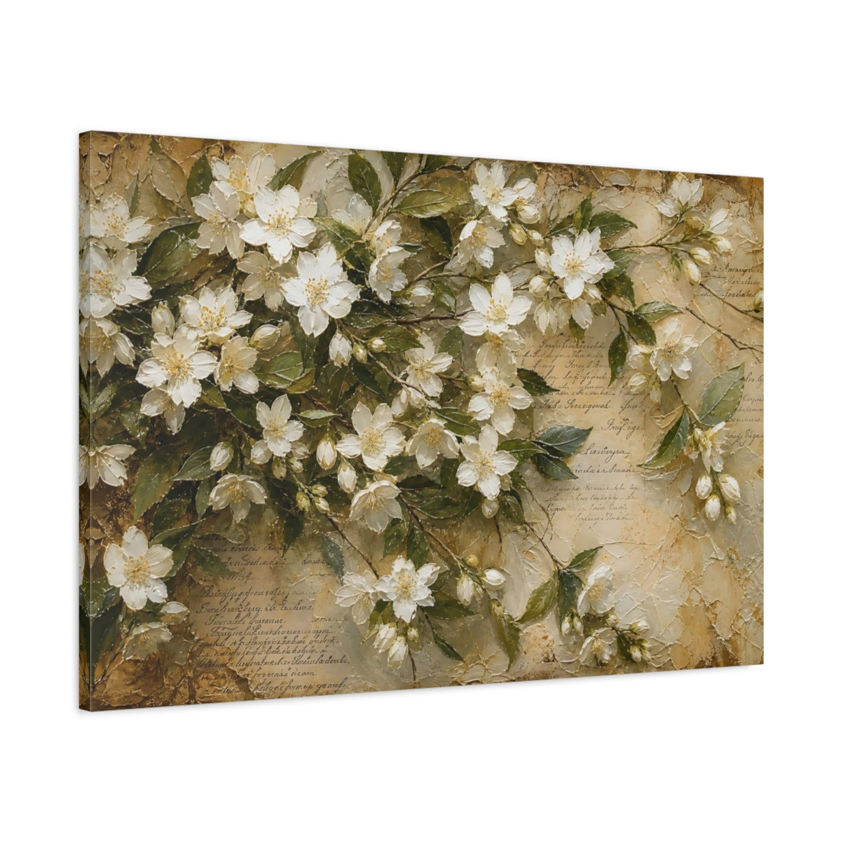 Main Mockup. Floral Jasmine Flowers White Floral Vintage shown as stretched canvas wall art