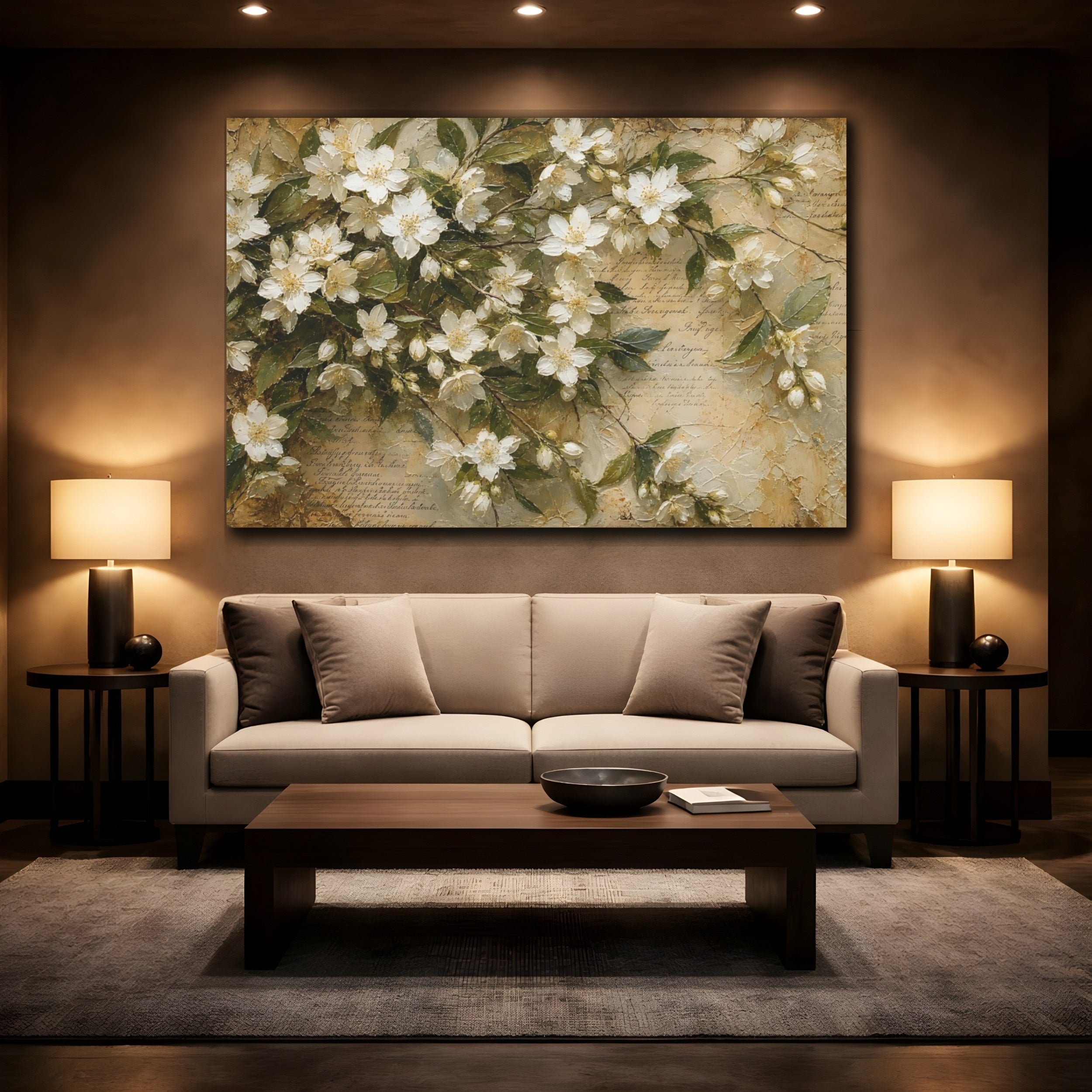 Mockup 2. Floral Jasmine Flowers White Floral Vintage shown as stretched canvas wall art